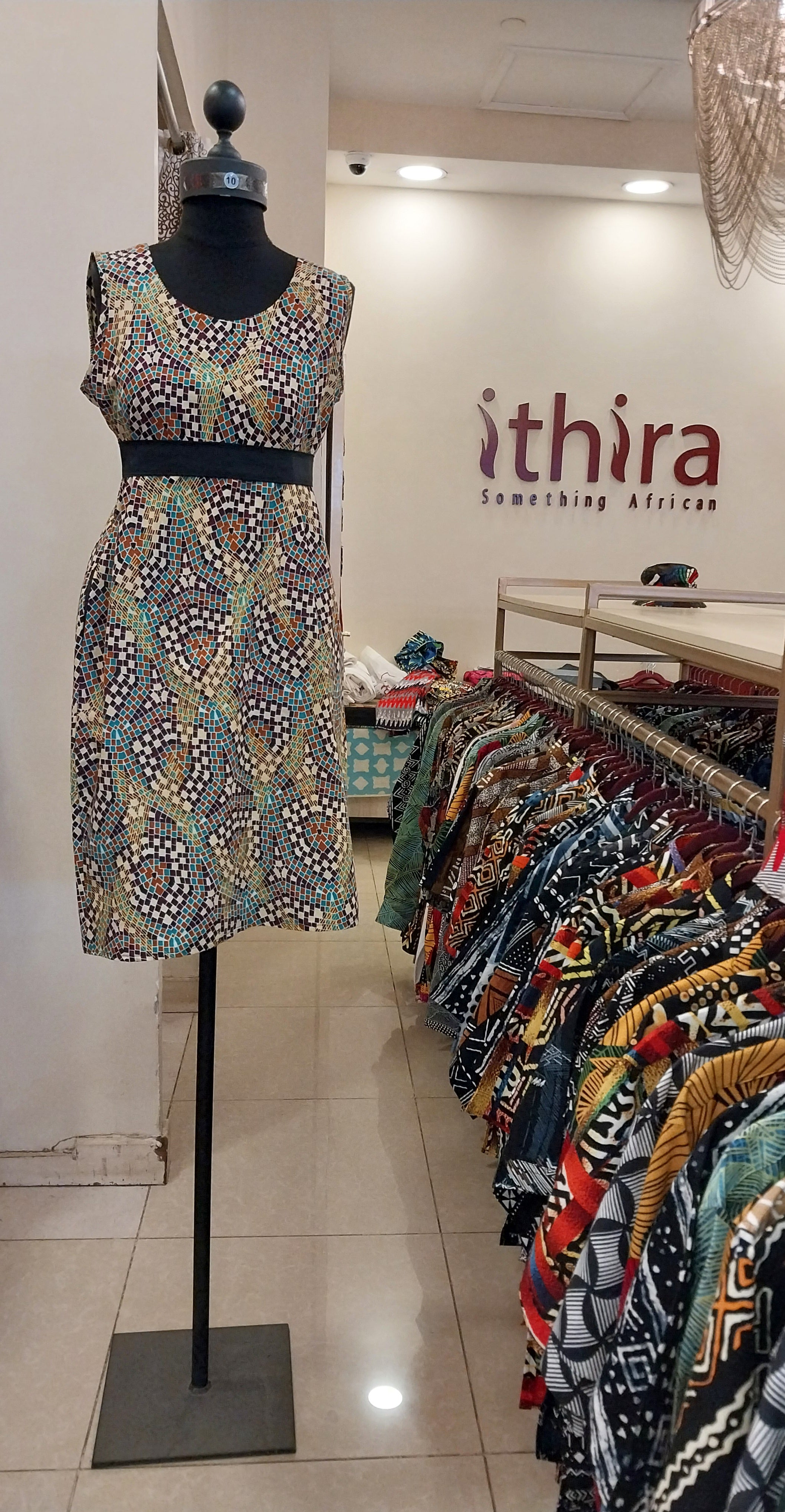 Ithira Kenya - Beige & Teal Kitenge Sleeveless Knee-Length Dress