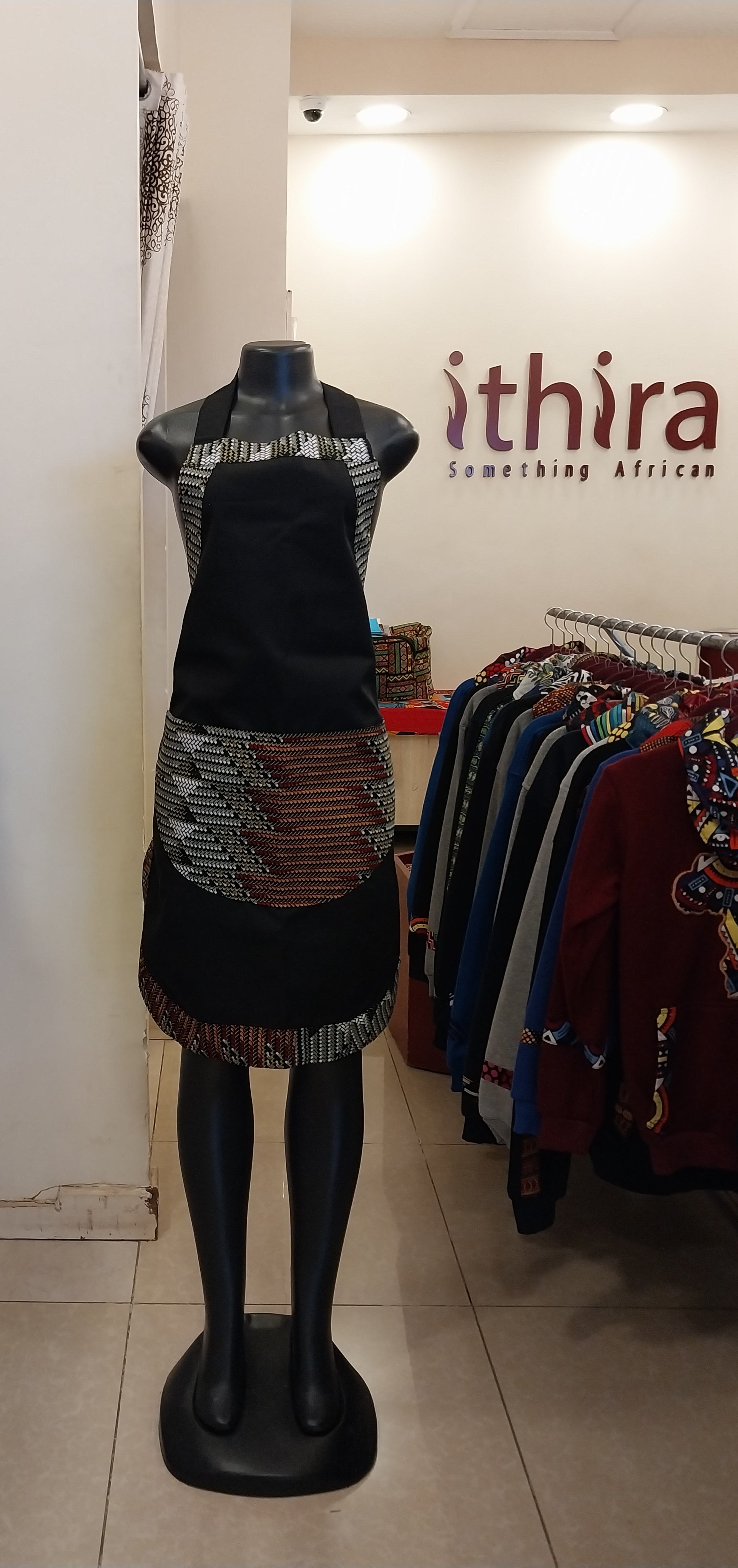 Black Kitenge Accent Single Layer Apron - Mkeka Print Trim with Curved Pocket