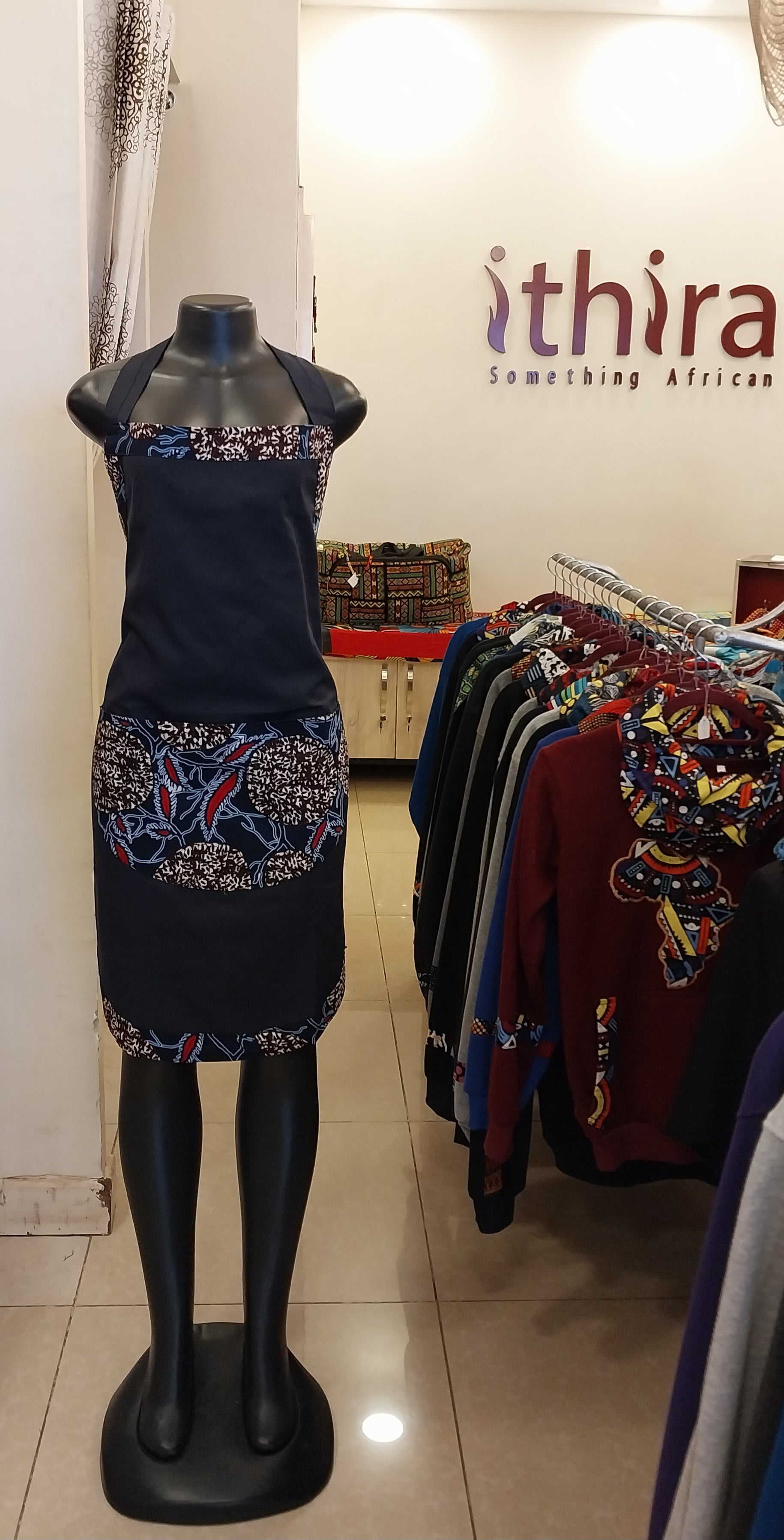 Navy Blue Geometric Kitenge Accent Apron - African Print Trim with Half-Moon Pocket