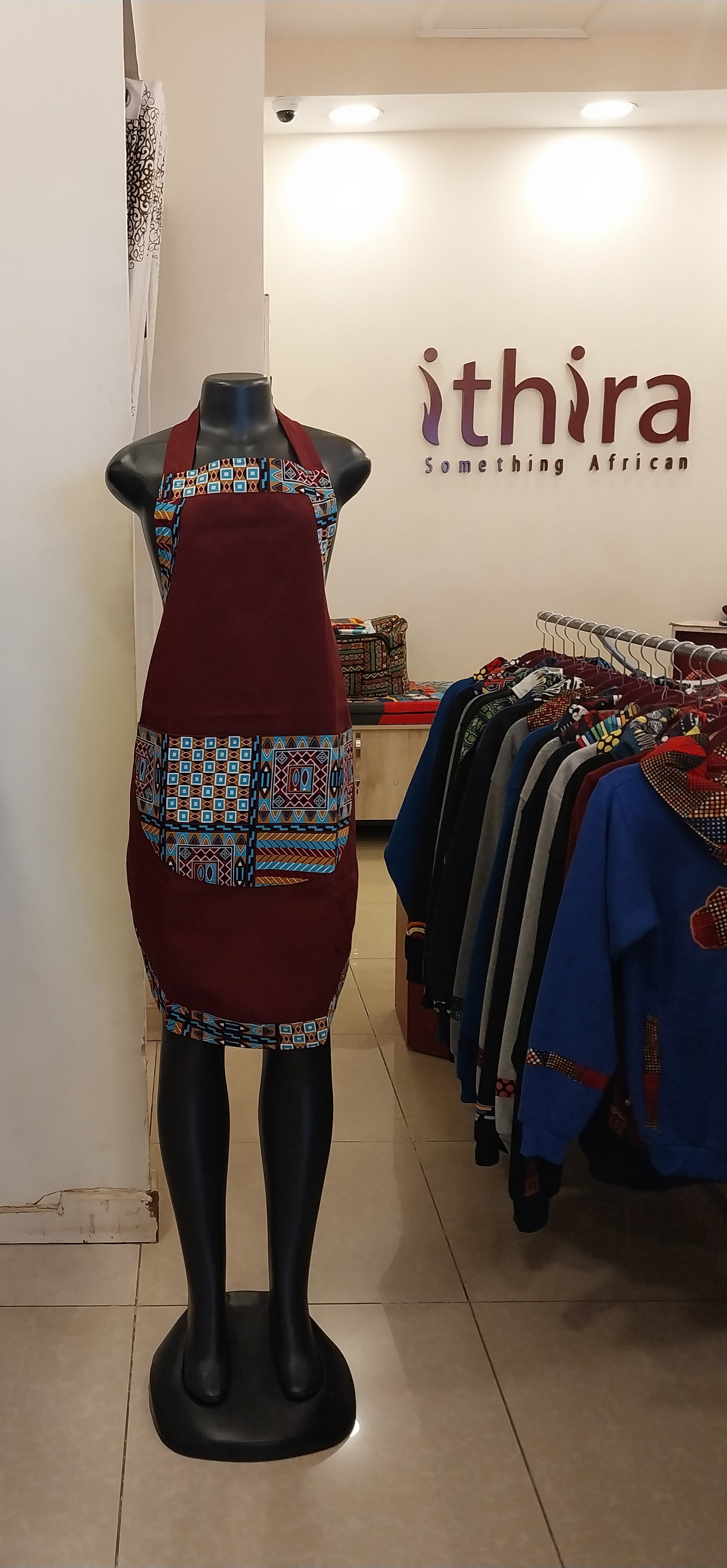 Maroon Kitenge Accent Single Layer Apron - African Print Trim with Curved Pocket