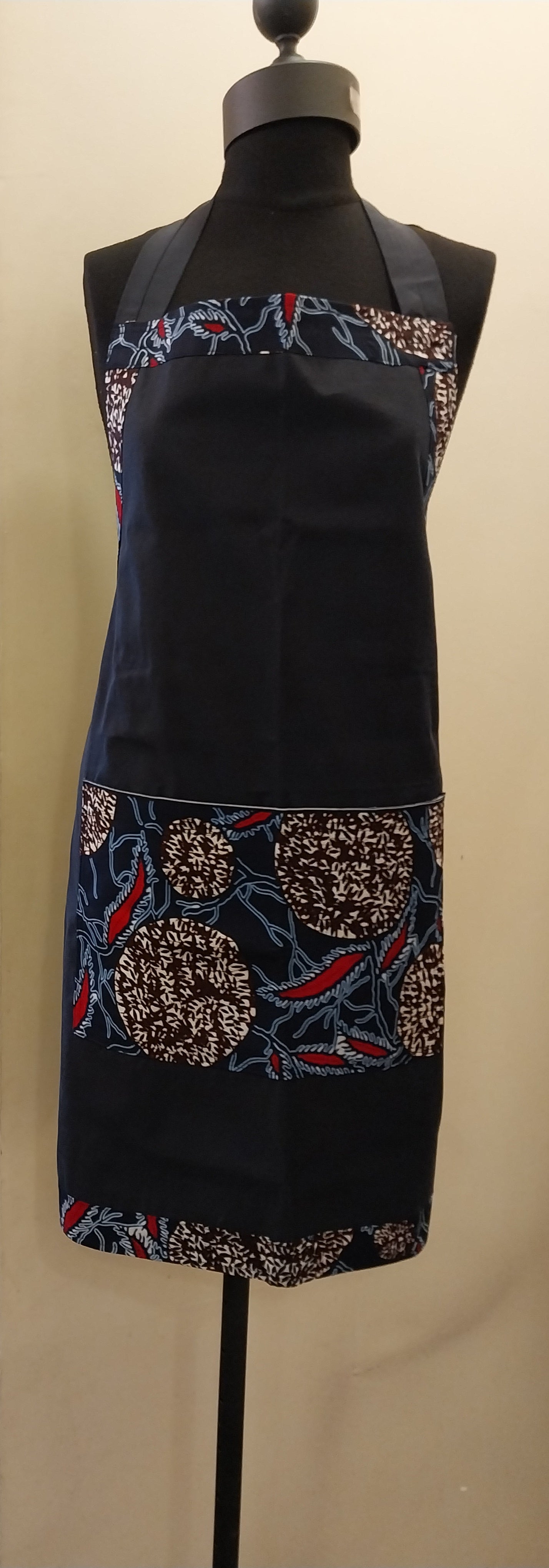 Navy Blue Kitenge Accent Single Layer Apron - African Print Trim with Squared Pocket
