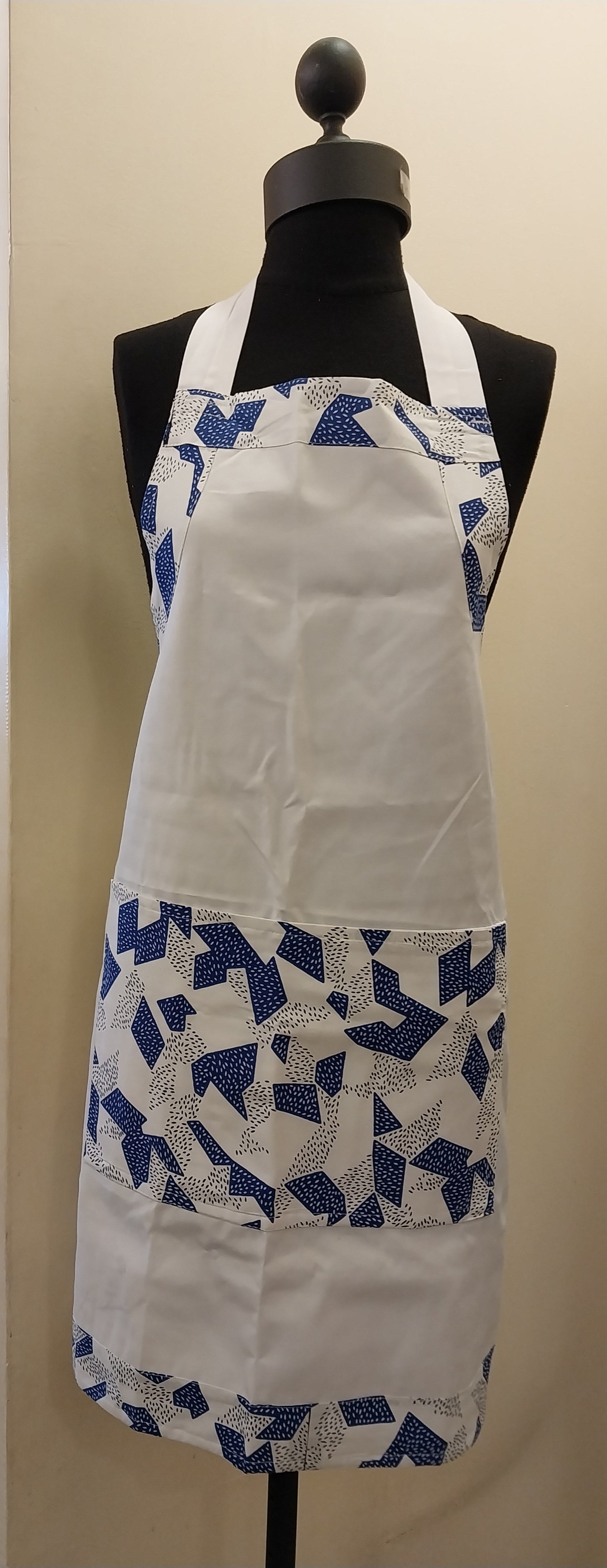 White Kitenge Accent Single Layer Apron - African Print Trim with Square Pocket