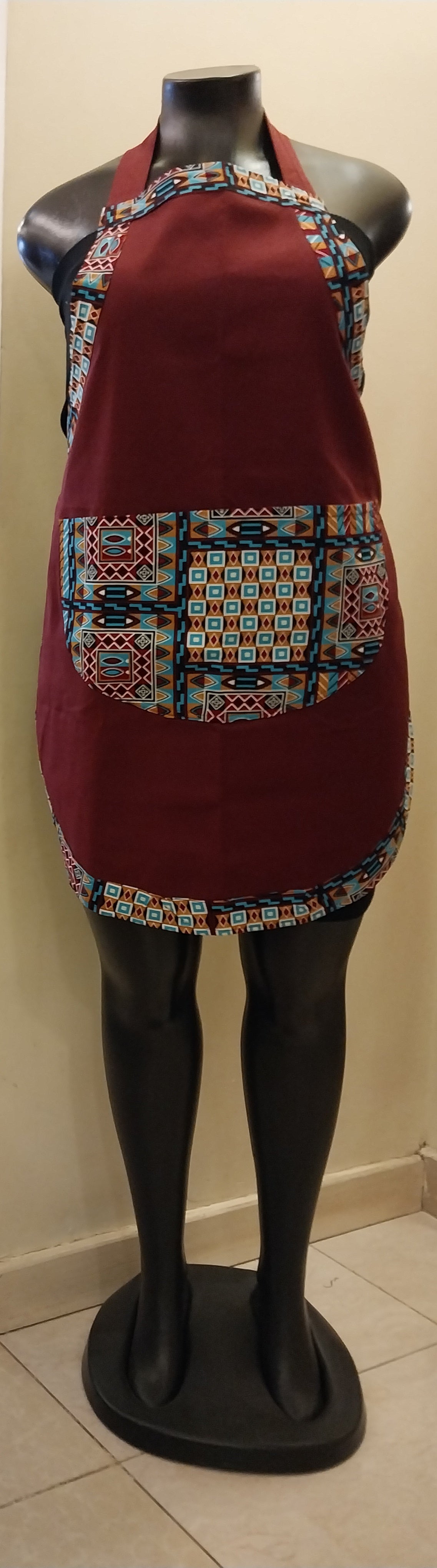 Maroon Kitenge Accent Single Layer Apron - African Print Trim with Curved Pocket