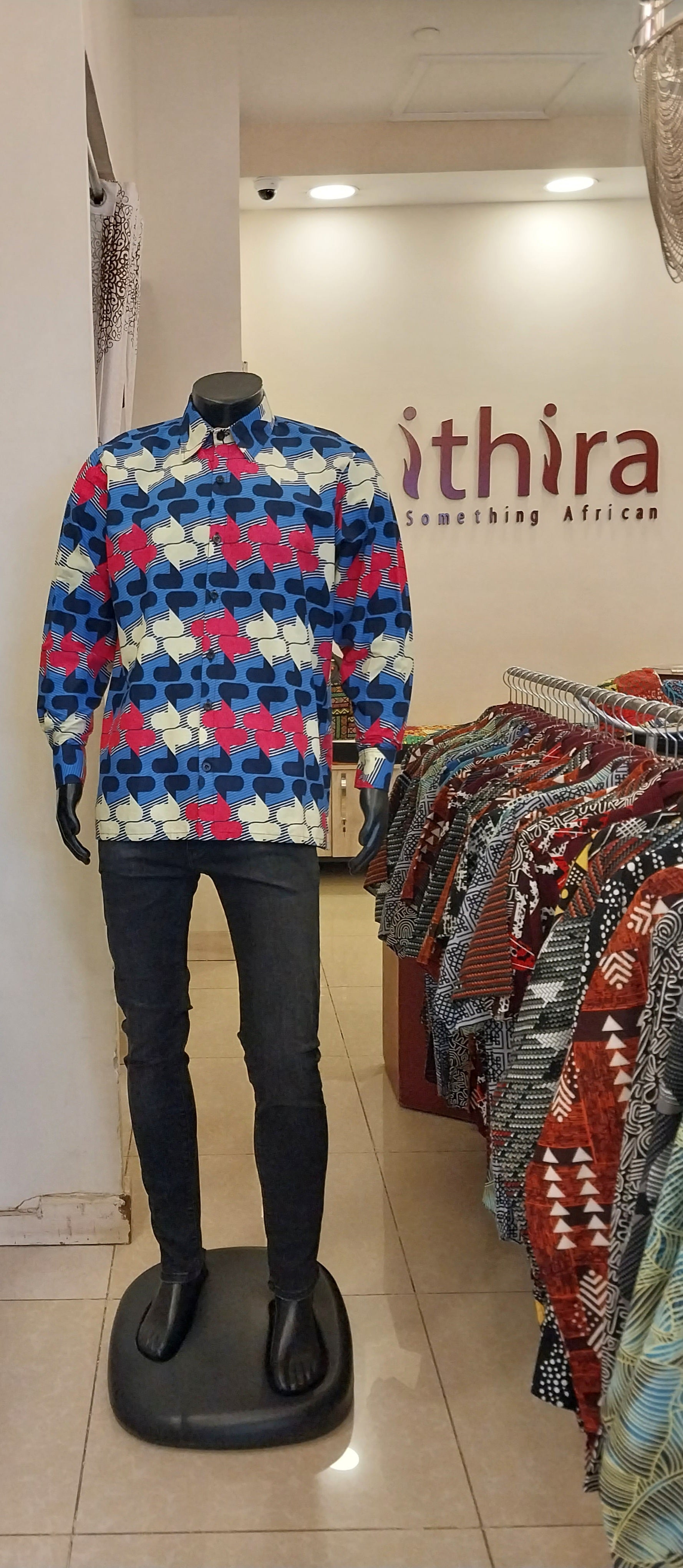 Blue & Pink Print Kitenge Office Collar Shirt - Men's Short Sleeve Button-Down Shirt