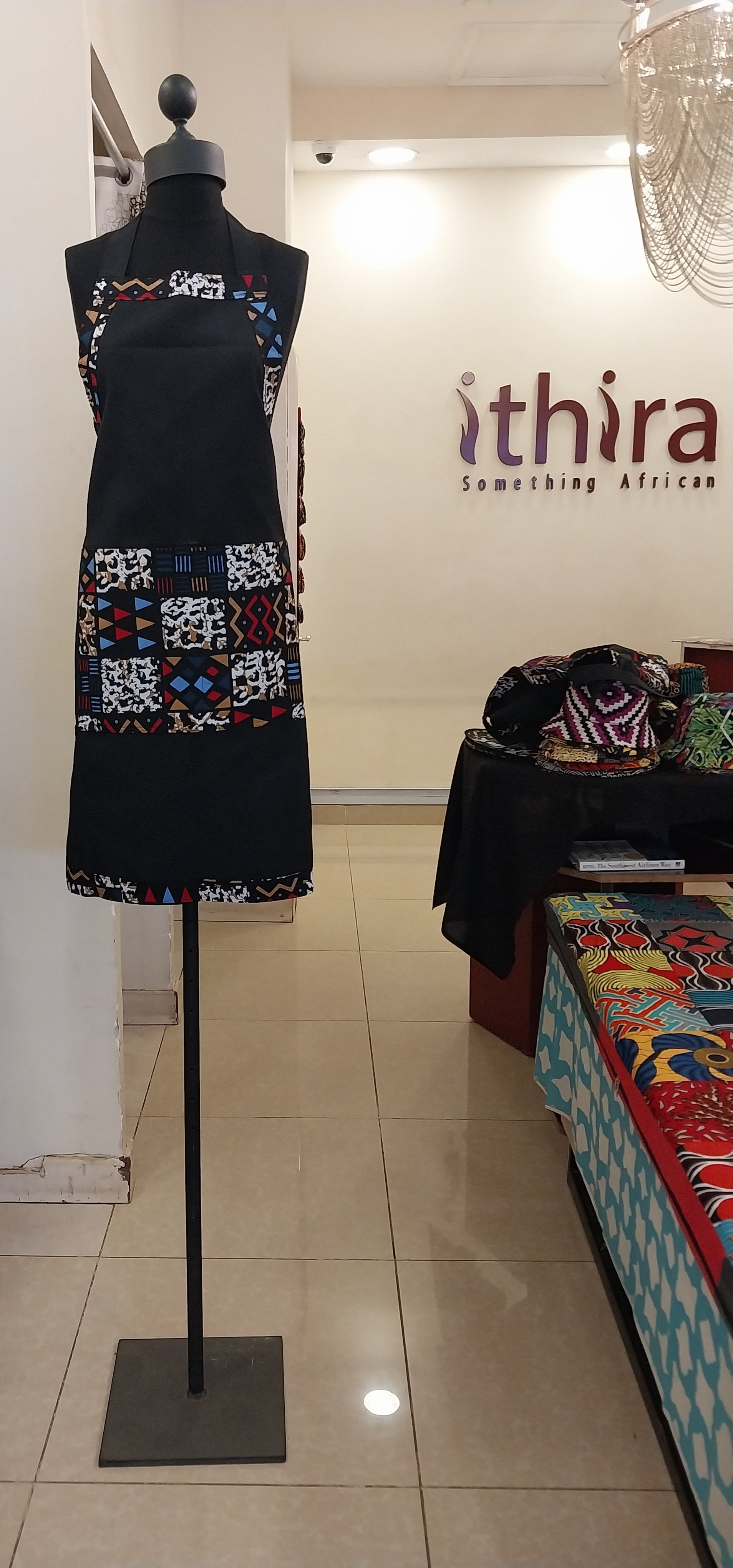 Navy Blue Geometric Kitenge Accent Single Layer Apron - African Print Trim with Squared Pocket