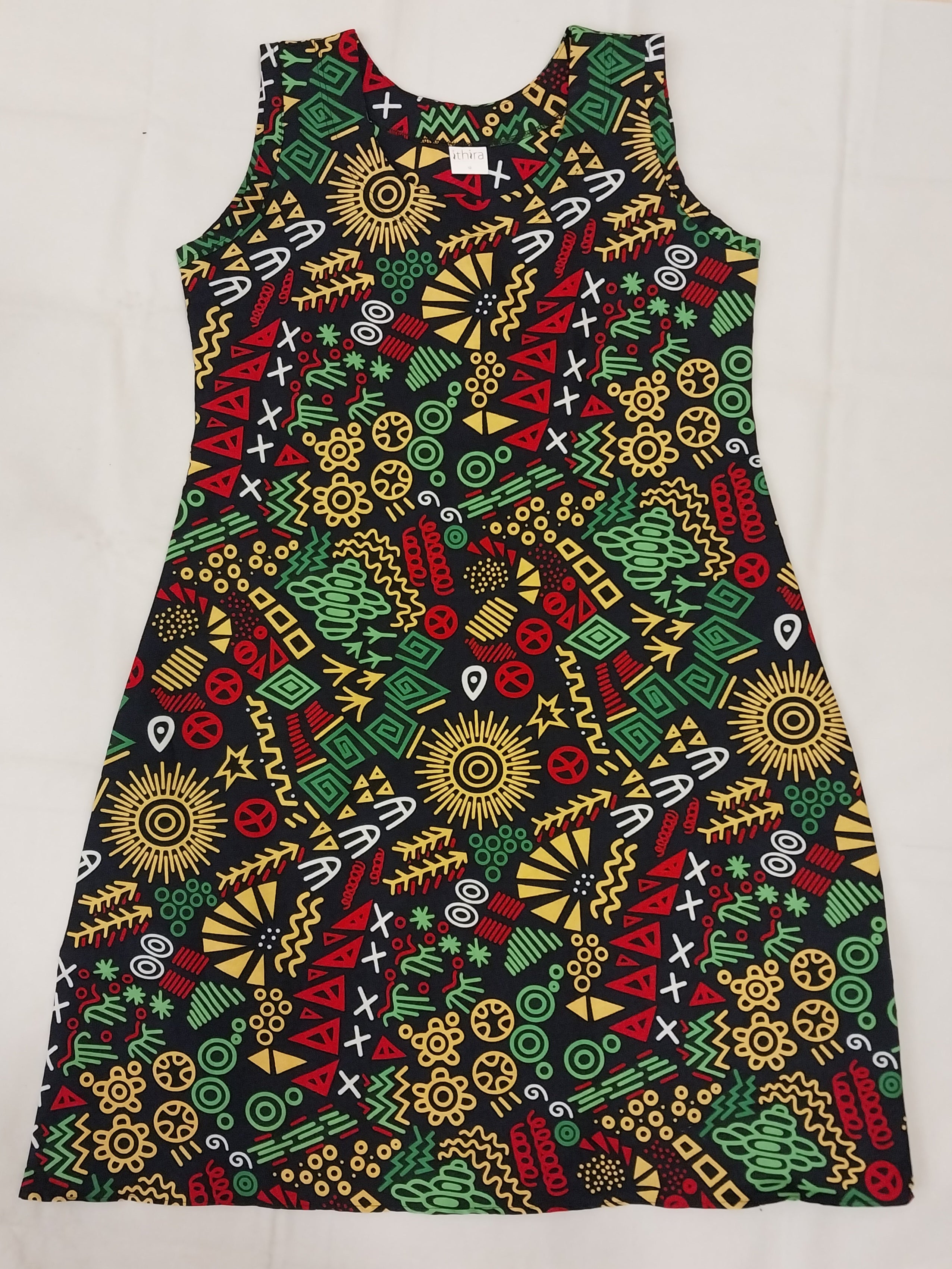 Green & Yellow Kitenge Sleeveless Knee-Length Dress - African Print A-Line Dress