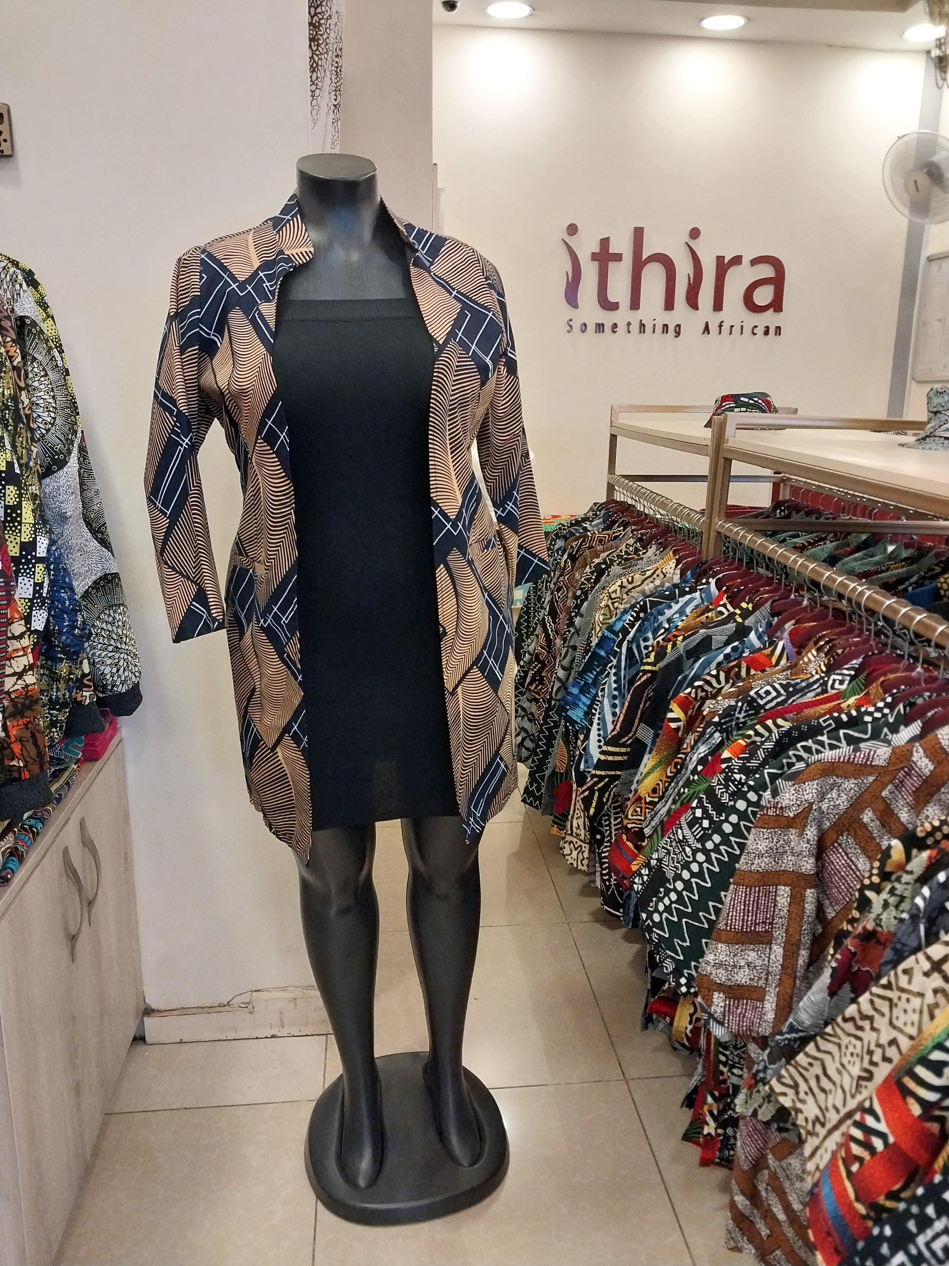 Brown Geometric Sleeved Kitenge Kimono - Knee-Length African Print Layering Piece