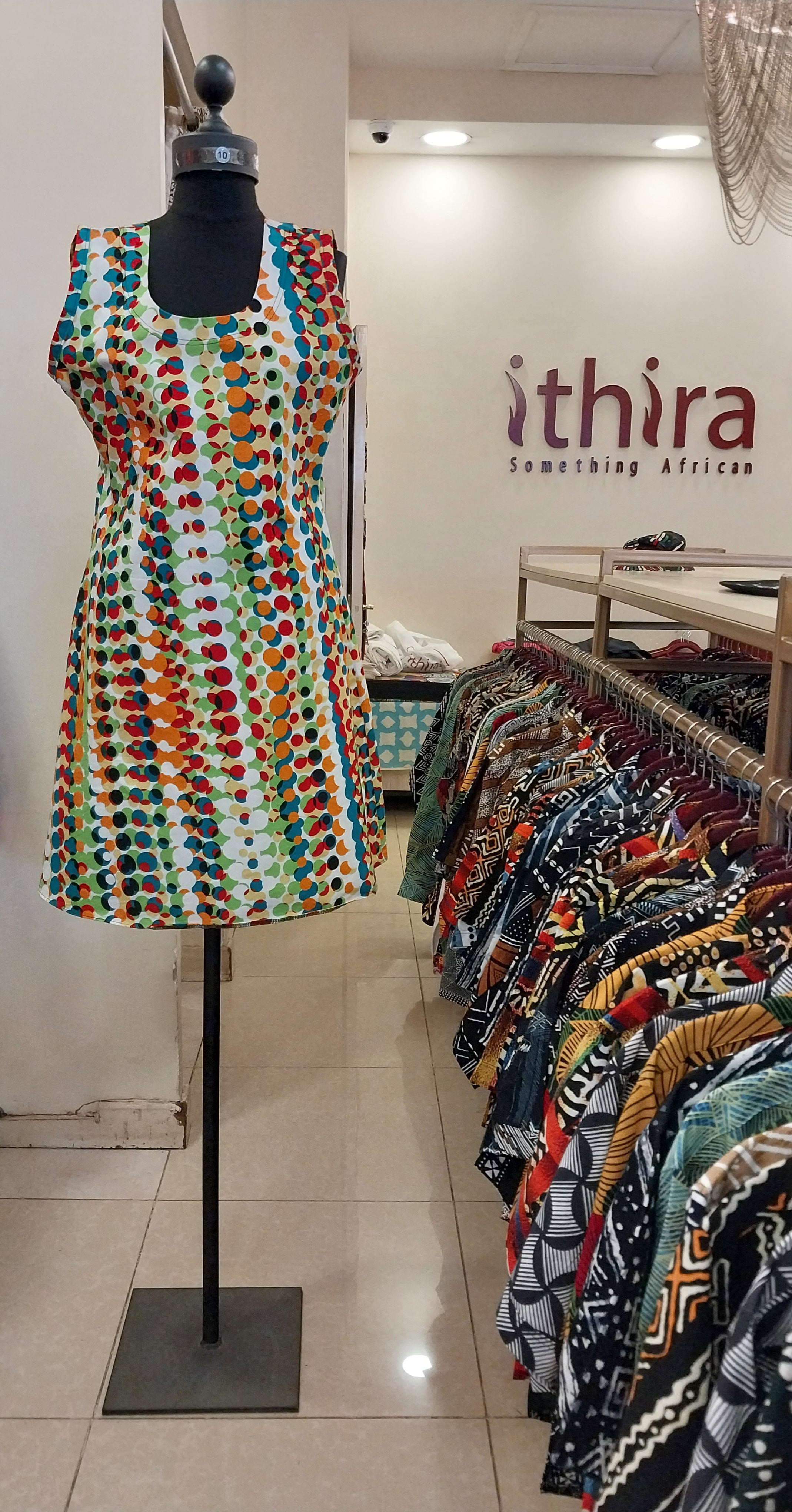 Ithira Kenya - Multicoloured Polka dotted Kitenge Sleeveless Knee-Length Dress - African Print A-Line Dress Ithira Kenya - Multicoloured Polka dotted Kitenge Sleeveless Knee-Length Dress - African Print A-Line Dress