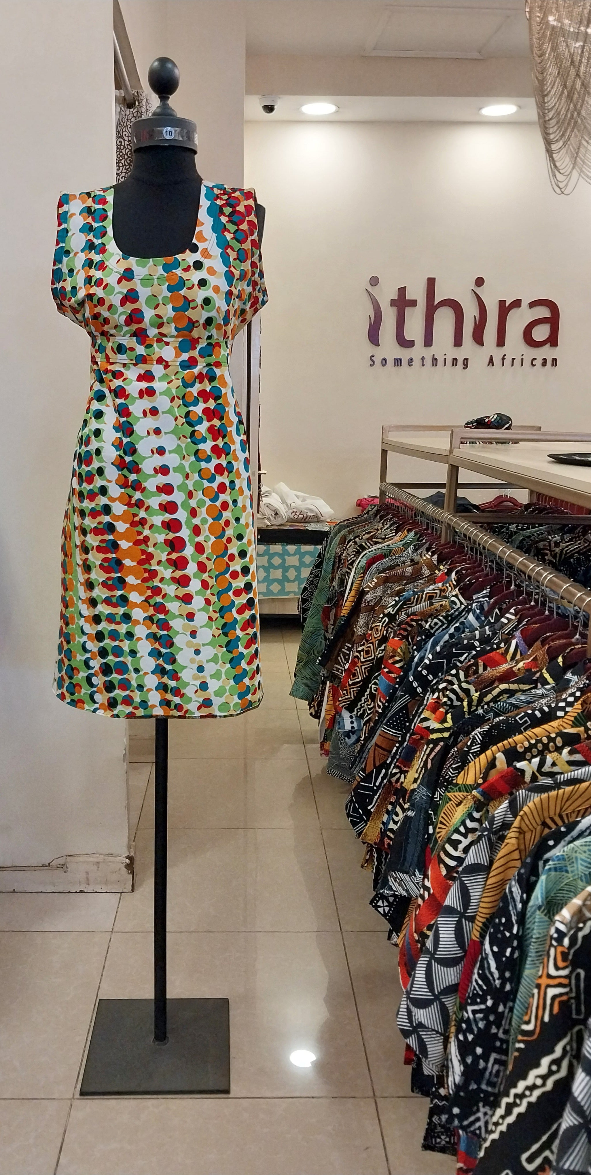Multicolor Polka dotted Kitenge Sleeveless Knee-Length Dress - African Print A-Line Dress