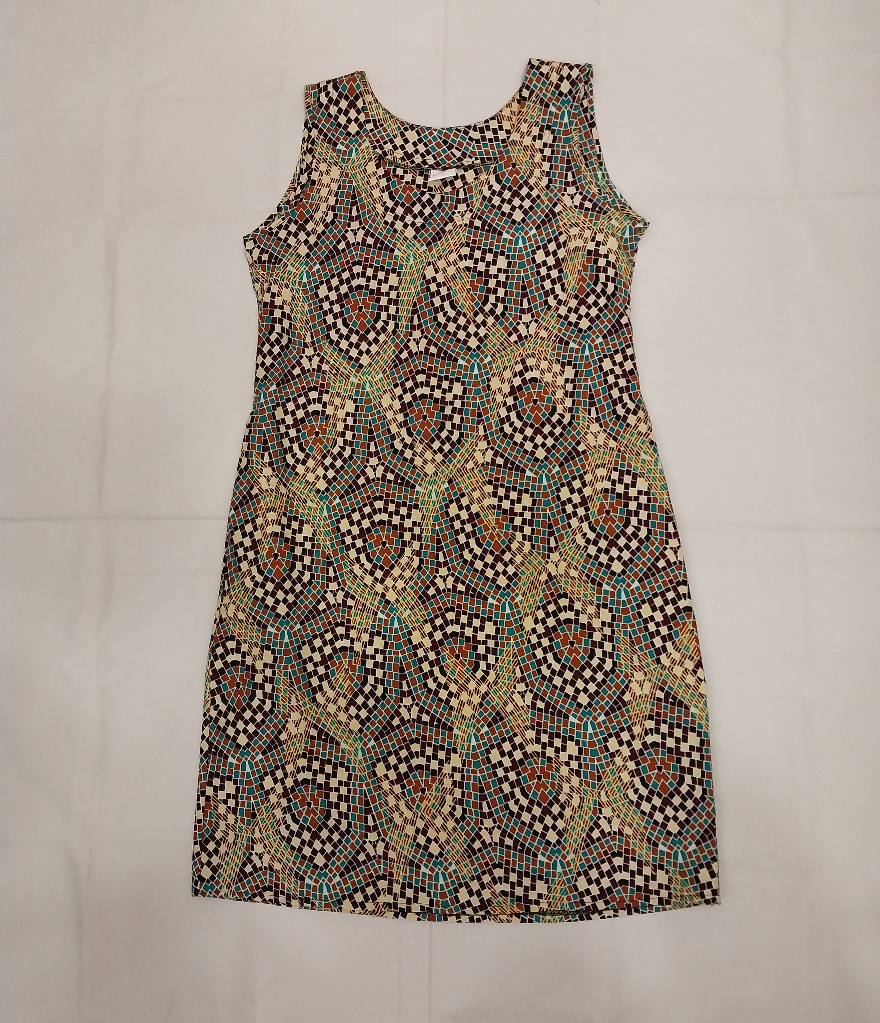 Beige & Teal Kitenge Sleeveless Knee-Length Dress - African Print A-Line Dress