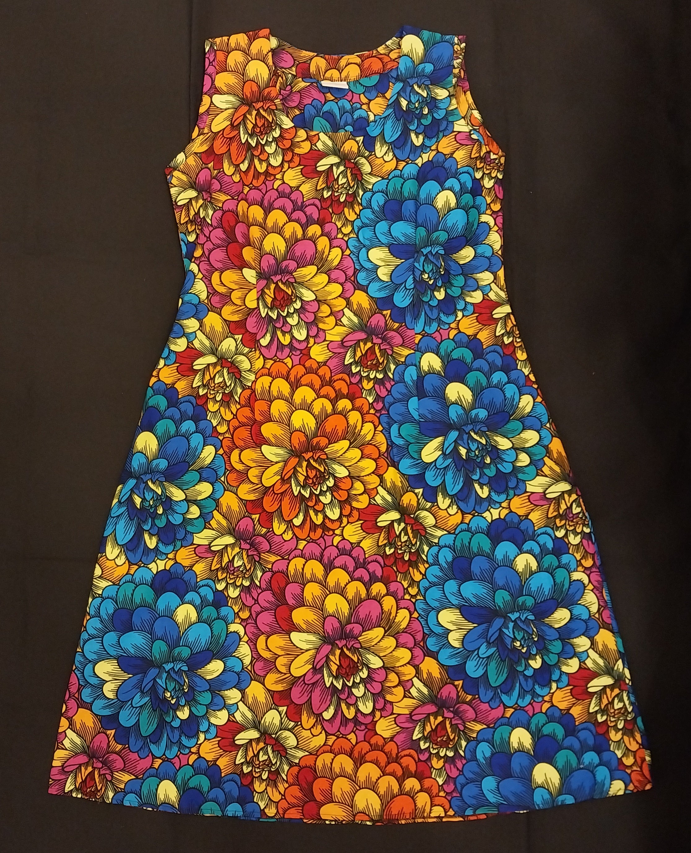 Blue & Yellow Floral Kitenge Sleeveless Knee-Length Dress - African Print A-Line Dress