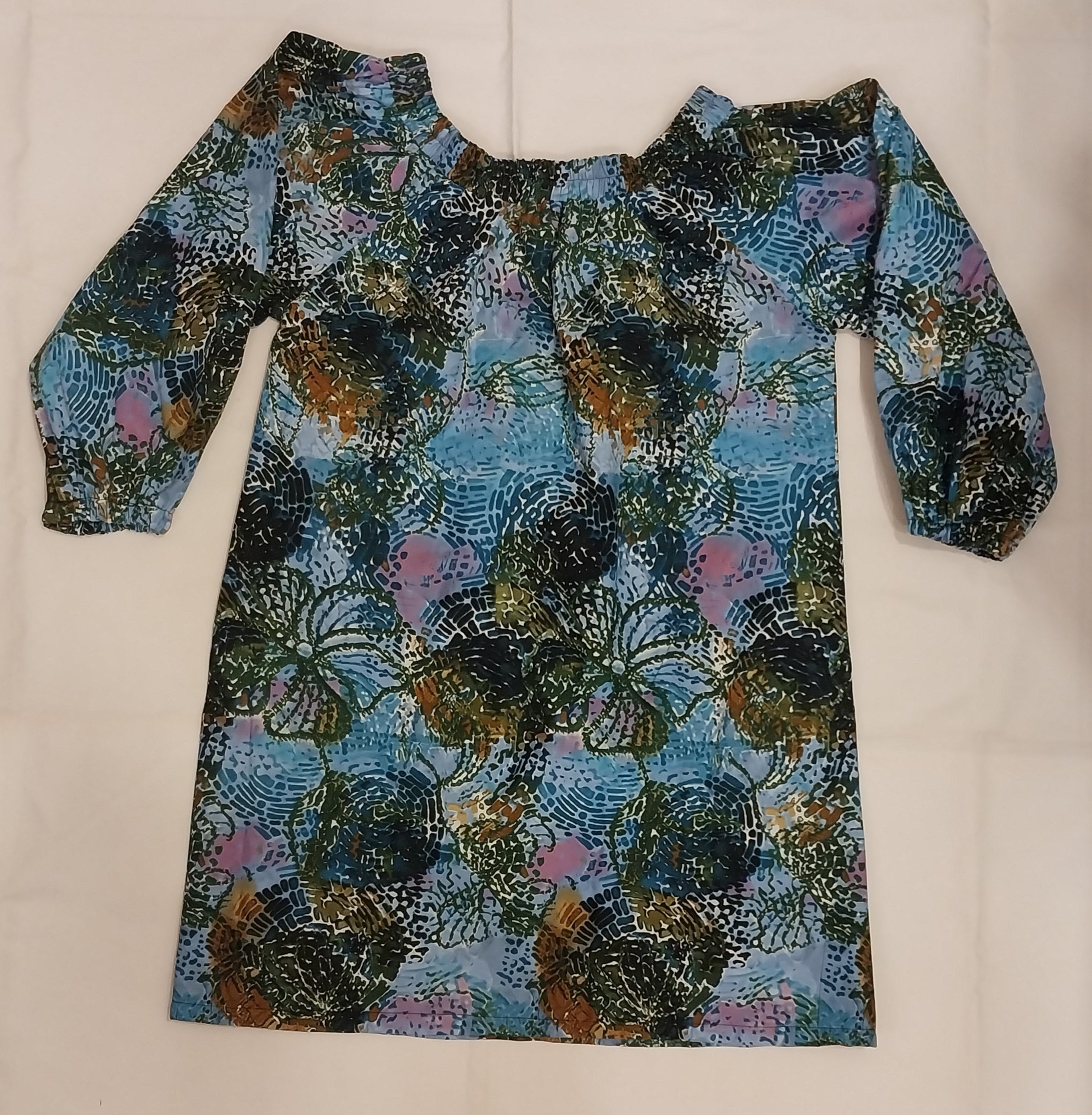 Light Blue & Green Kitenge Ruched Neck Dress - Women's African Print Three-Quarter Sleeve Dress