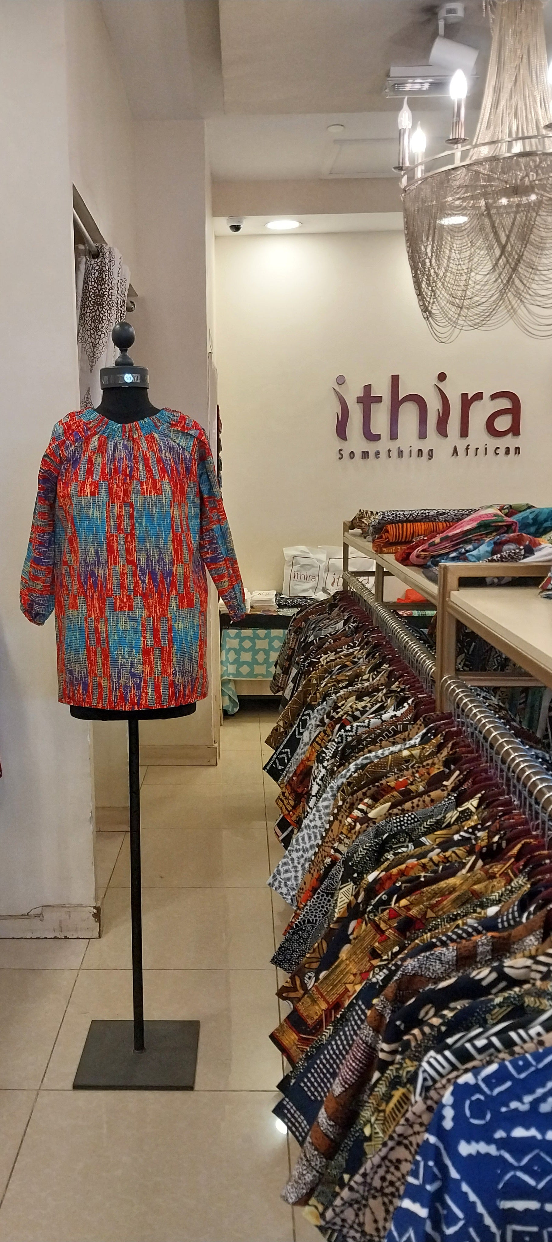 Red Blue Abstract Kitenge Ruched Neck Top Dress- Women's African Print Three-Quarter Sleeve Dress