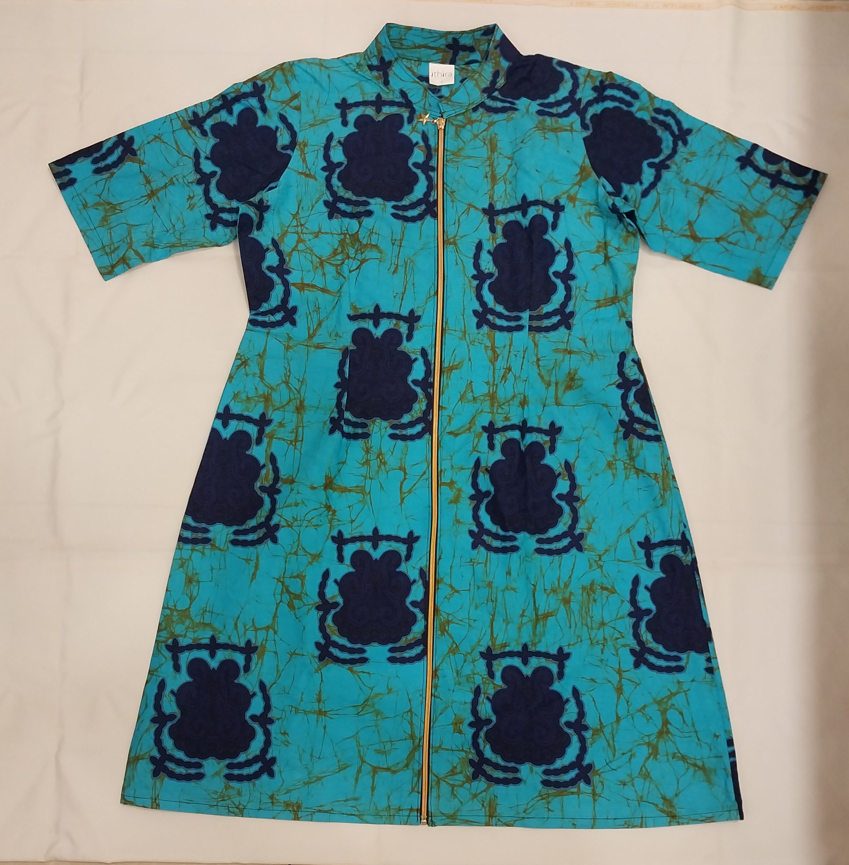 Blue Kitenge Zip Dress Kimono Short Sleeved- Convertible African Print Dress