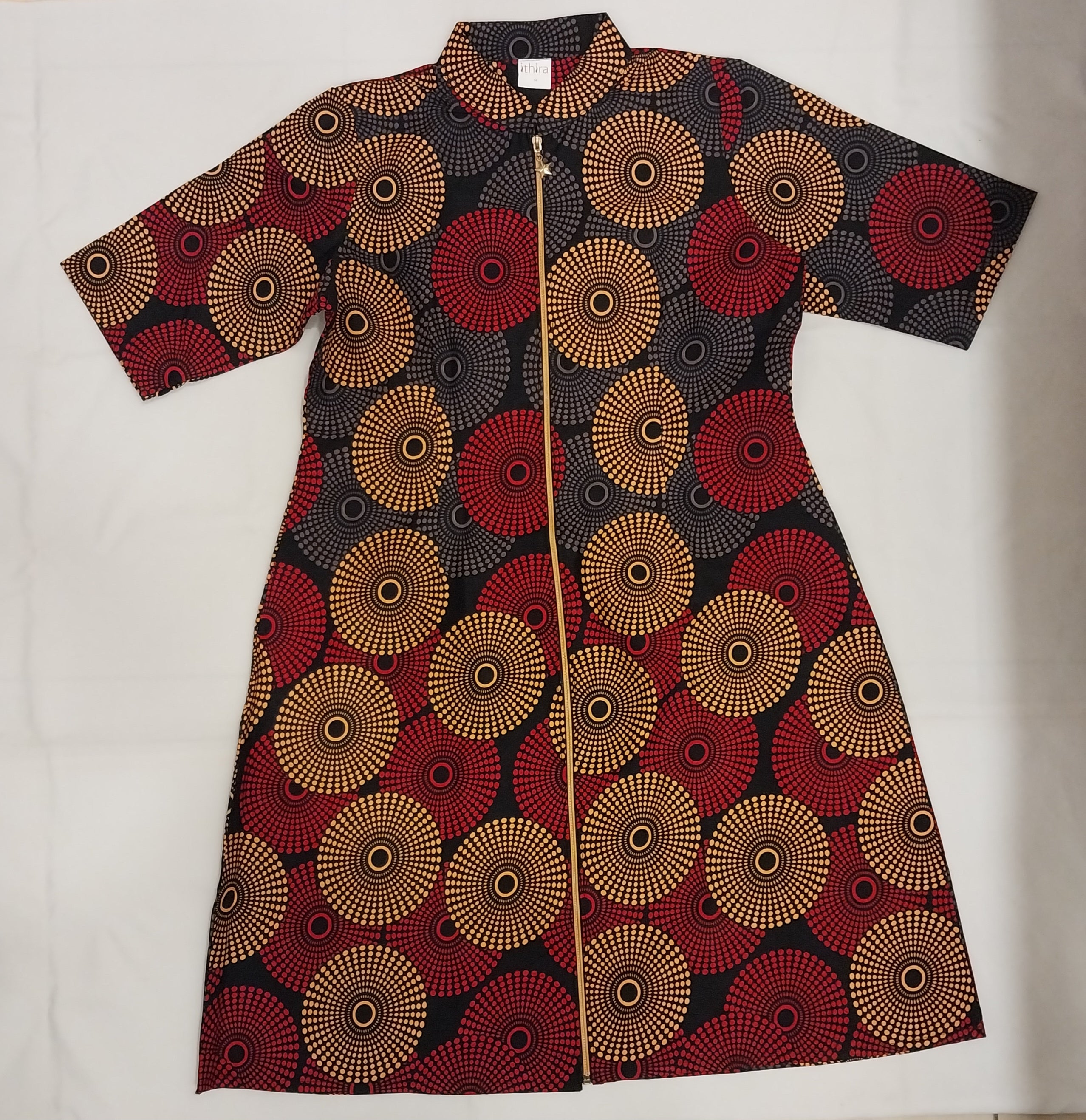 Red & Beige Kitenge Dress Kimono Zip Short Sleeved - Convertible African Print Dress