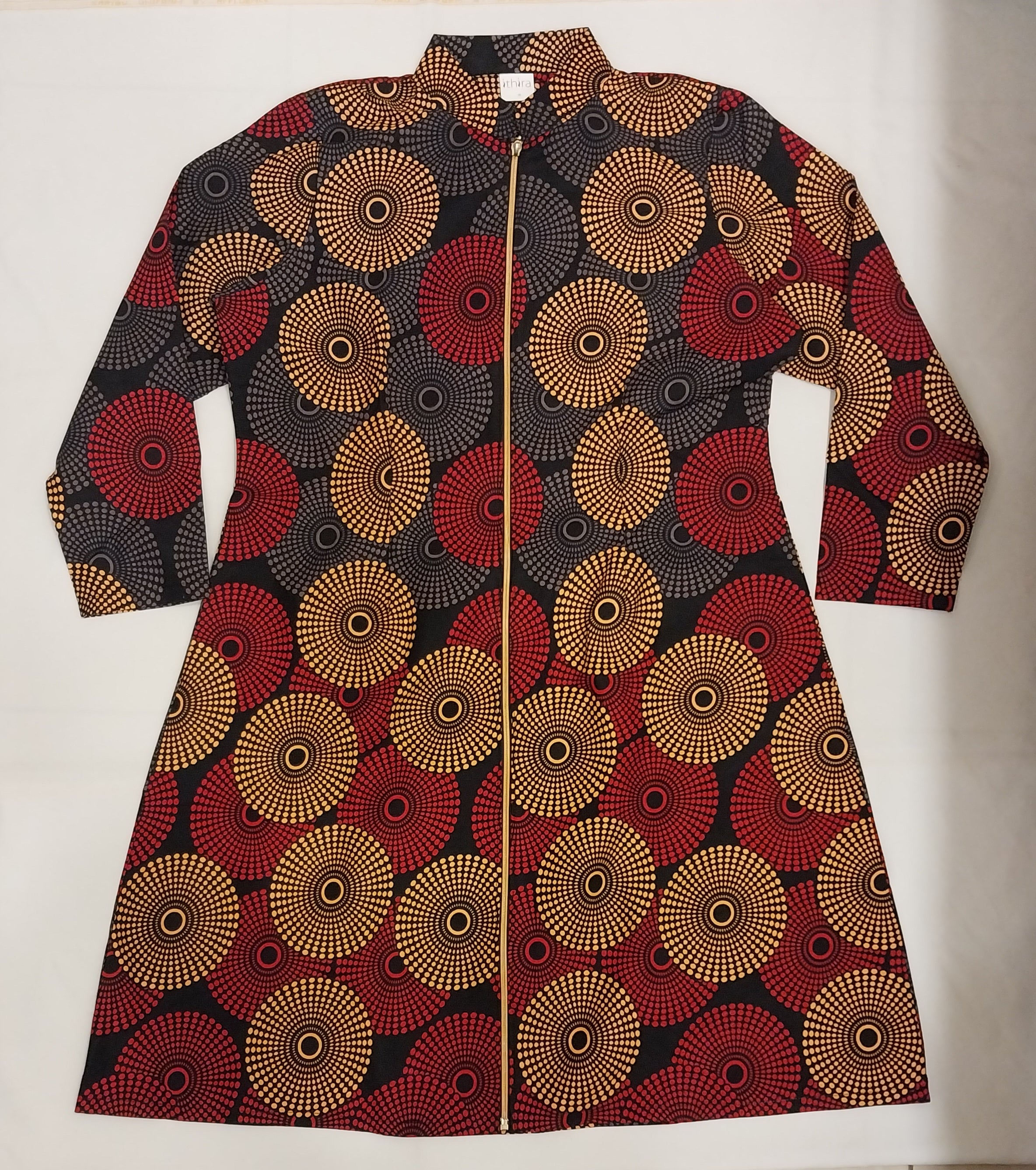 Red & Beige Kitenge Dress Kimono Zip Long Sleeved- Convertible African Print Dress