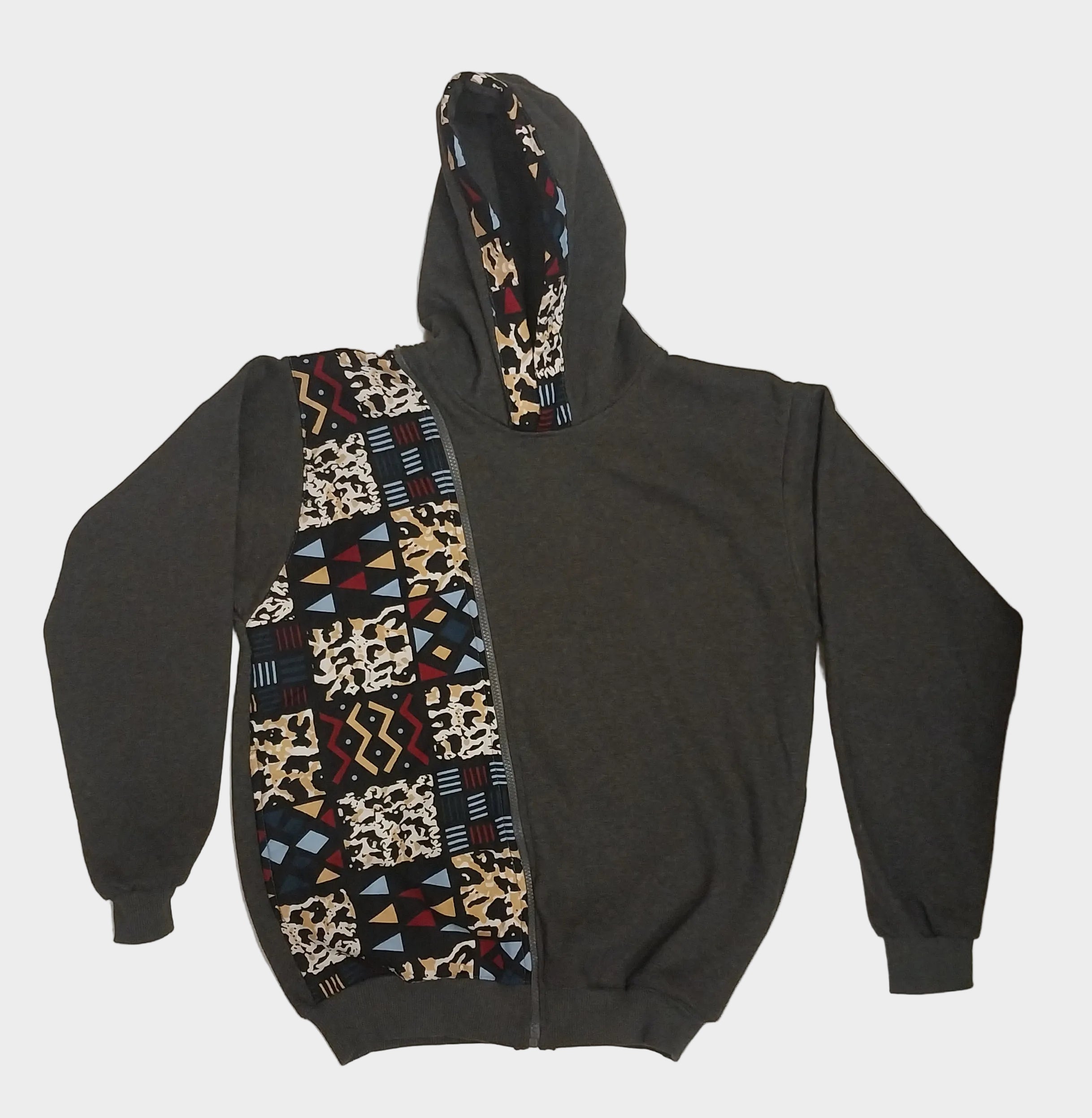 Grey Side Zip Minimalist Kitenge Hoodie