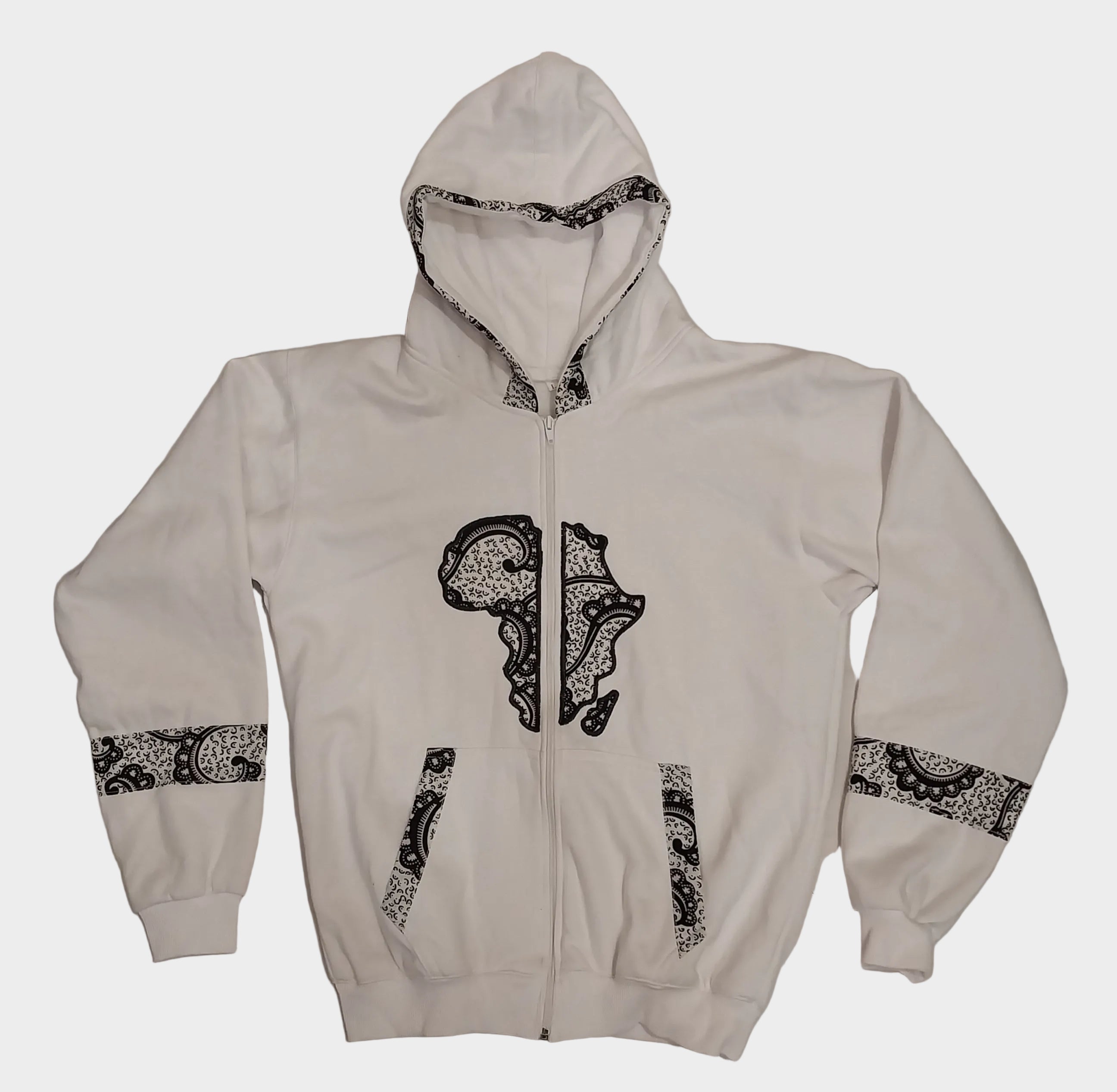 White hoodie with black and white patterned accents on a light gray background