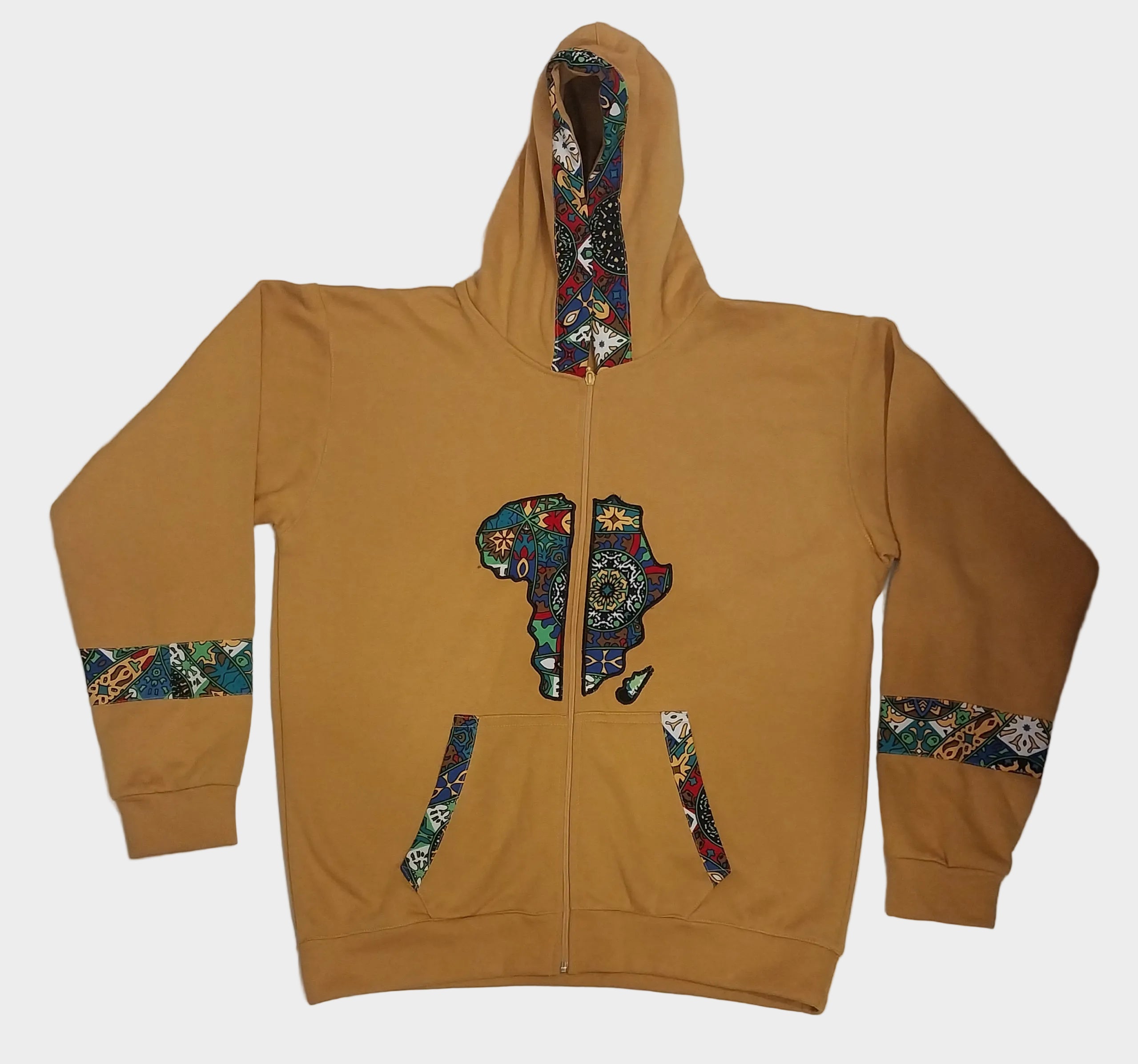 Brown hoodie with colorful Africa map design on a white background
