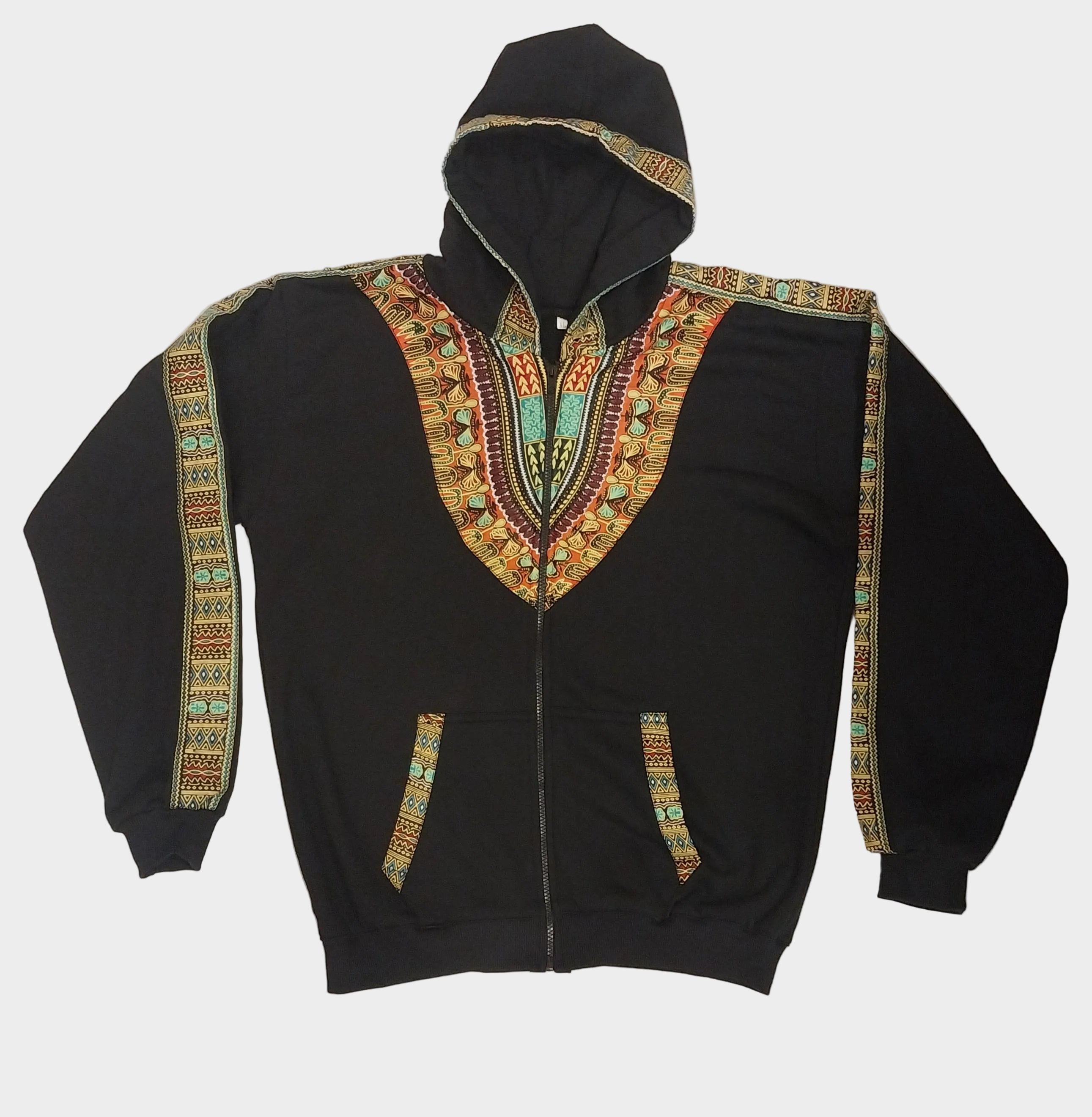 Black hoodie with colorful geometric patterns on a white background