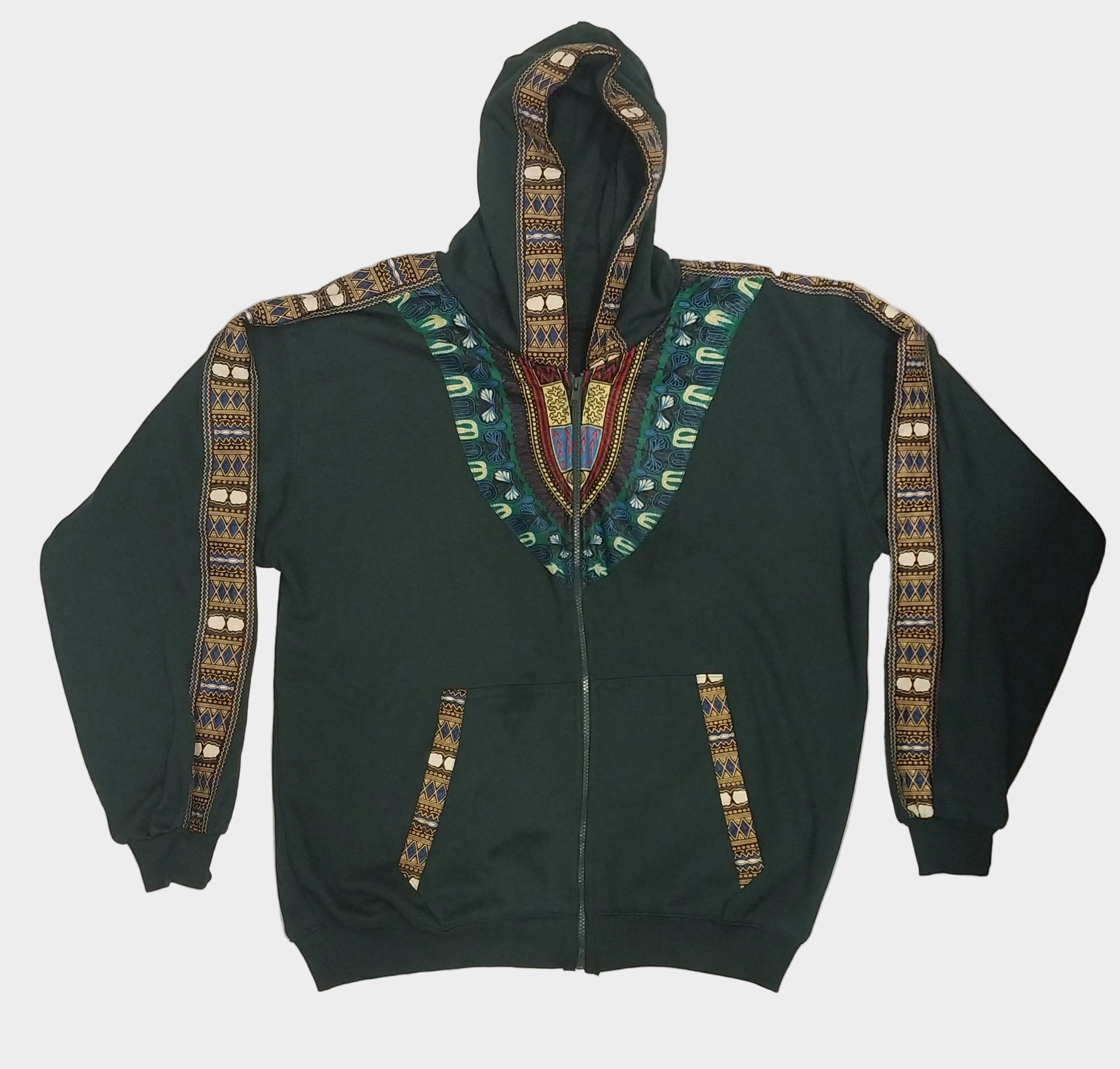 Dark green hoodie with colorful patterns on a white background