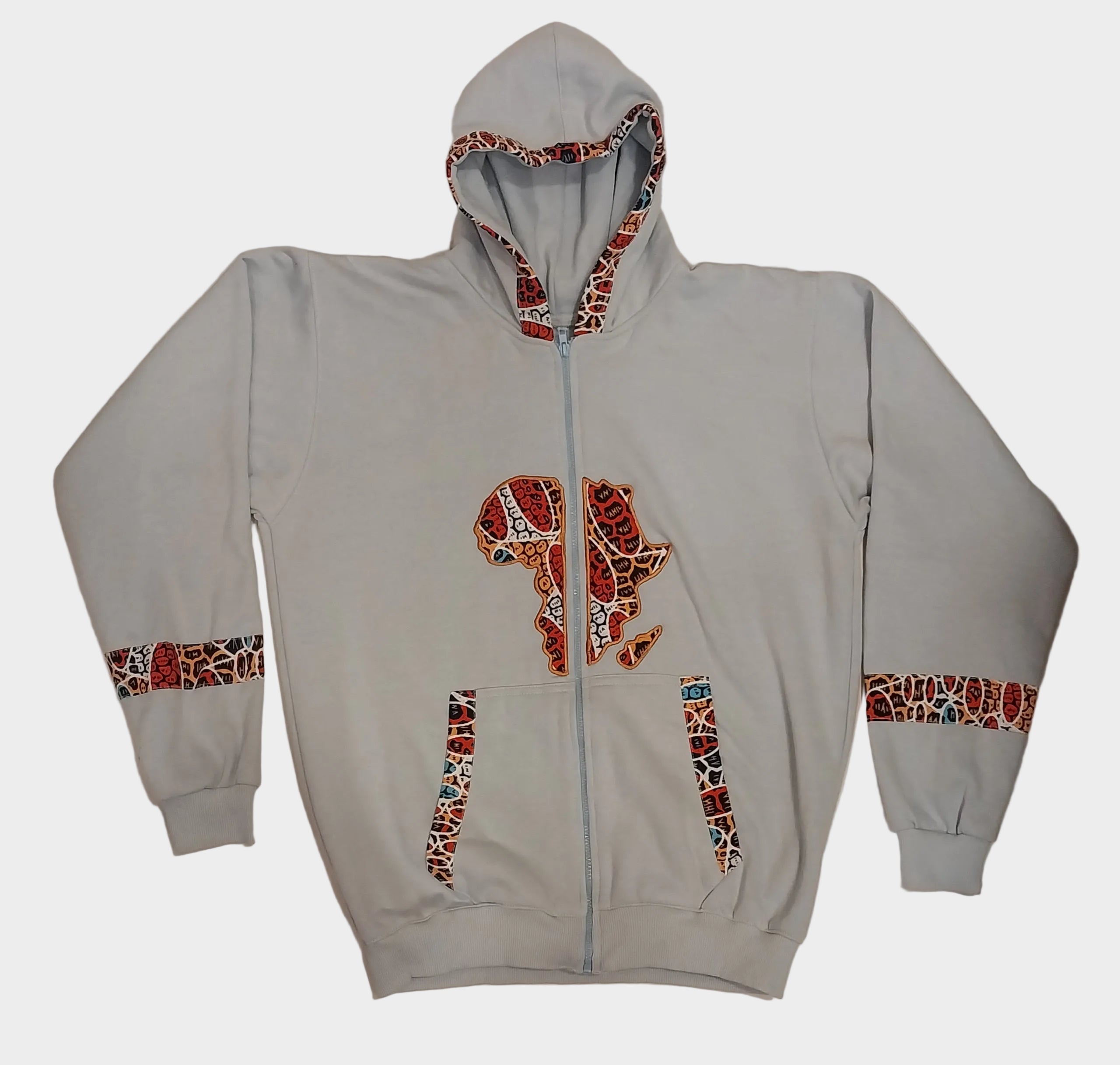 Gray hoodie with colorful Africa map design on a plain background