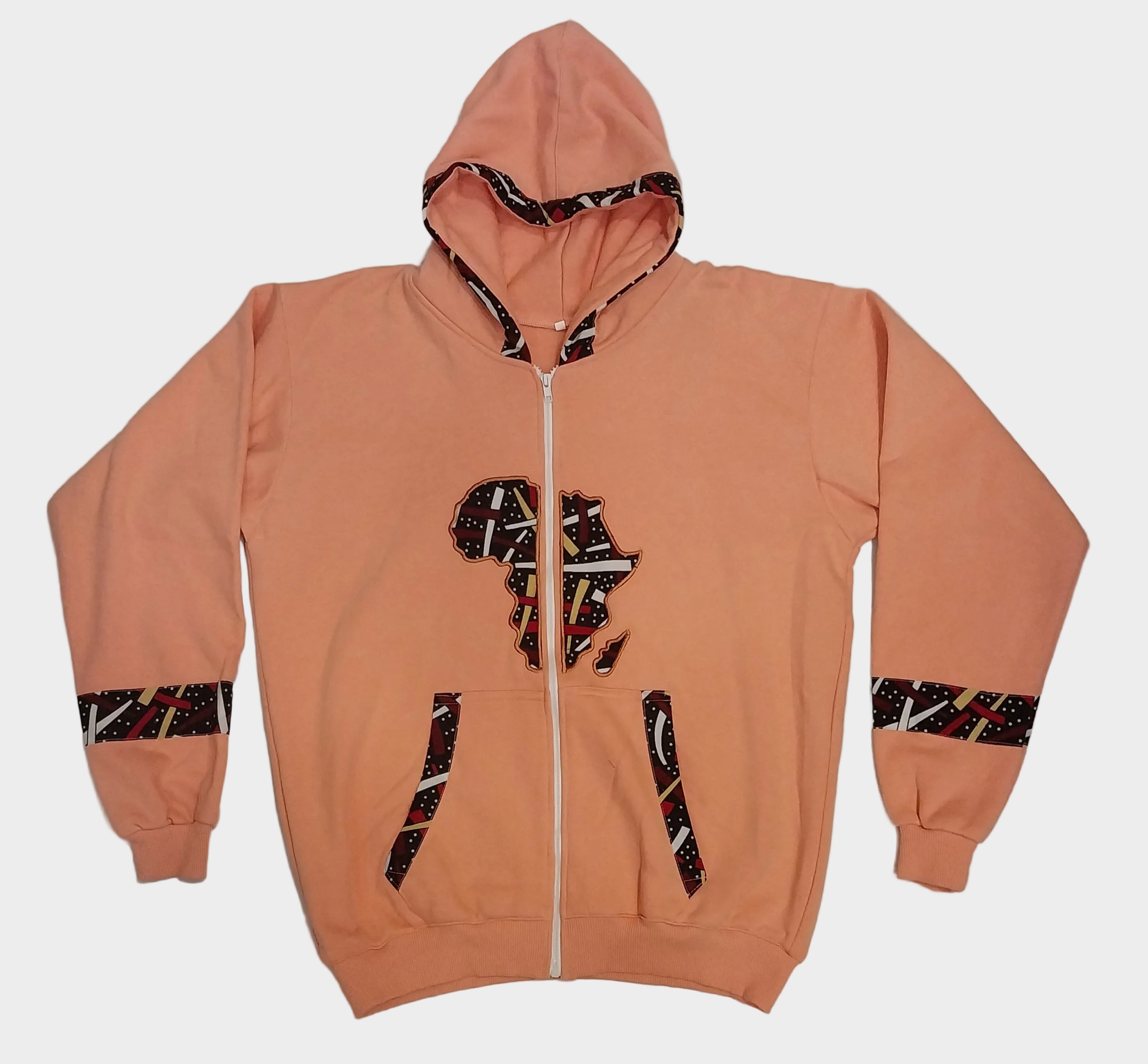 Peach-colored hoodie with patterned accents on a light gray background
