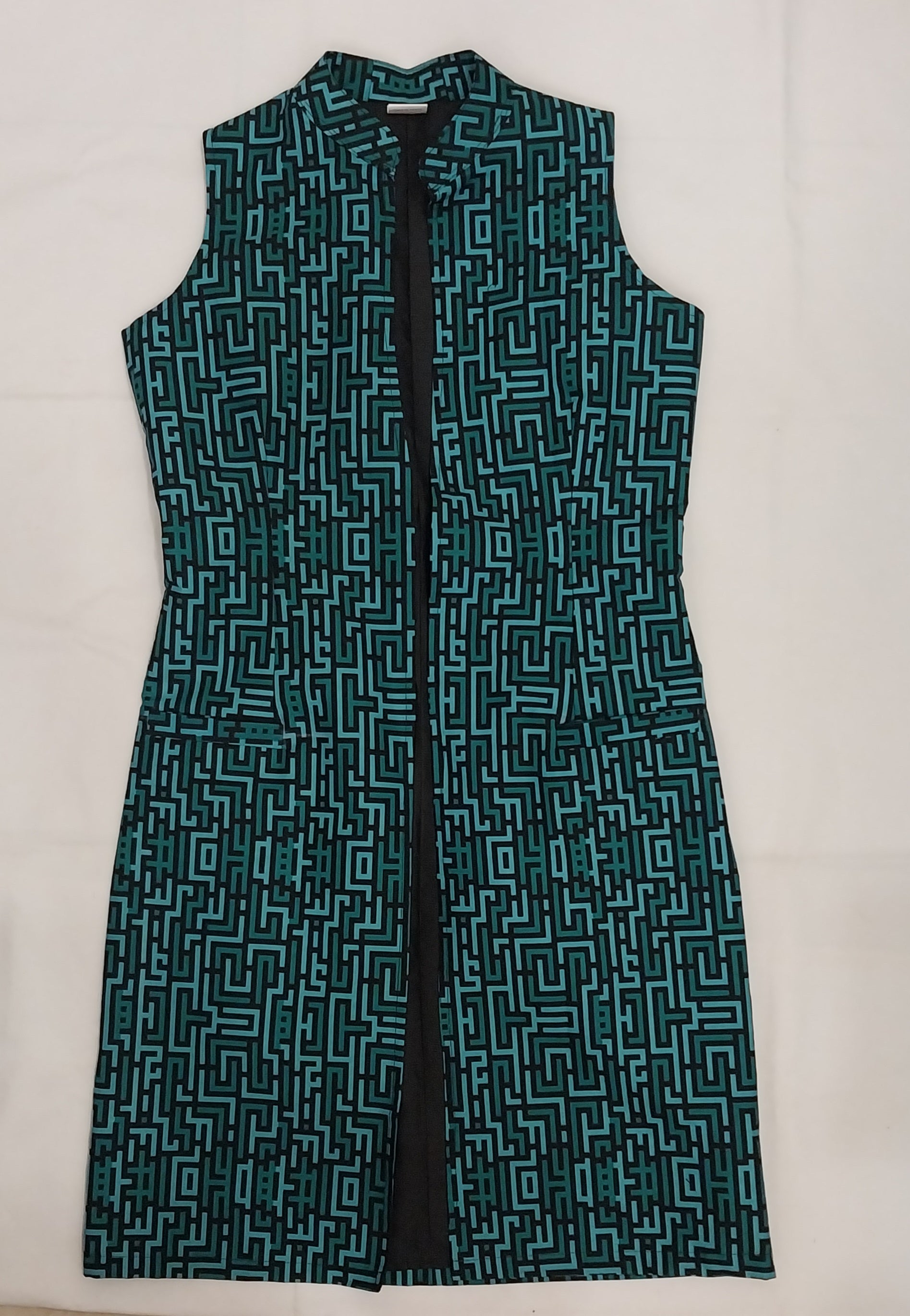 Turquoise Green Geometric Sleeveless Kitenge Kimono - Knee-Length African Print Layering Piece