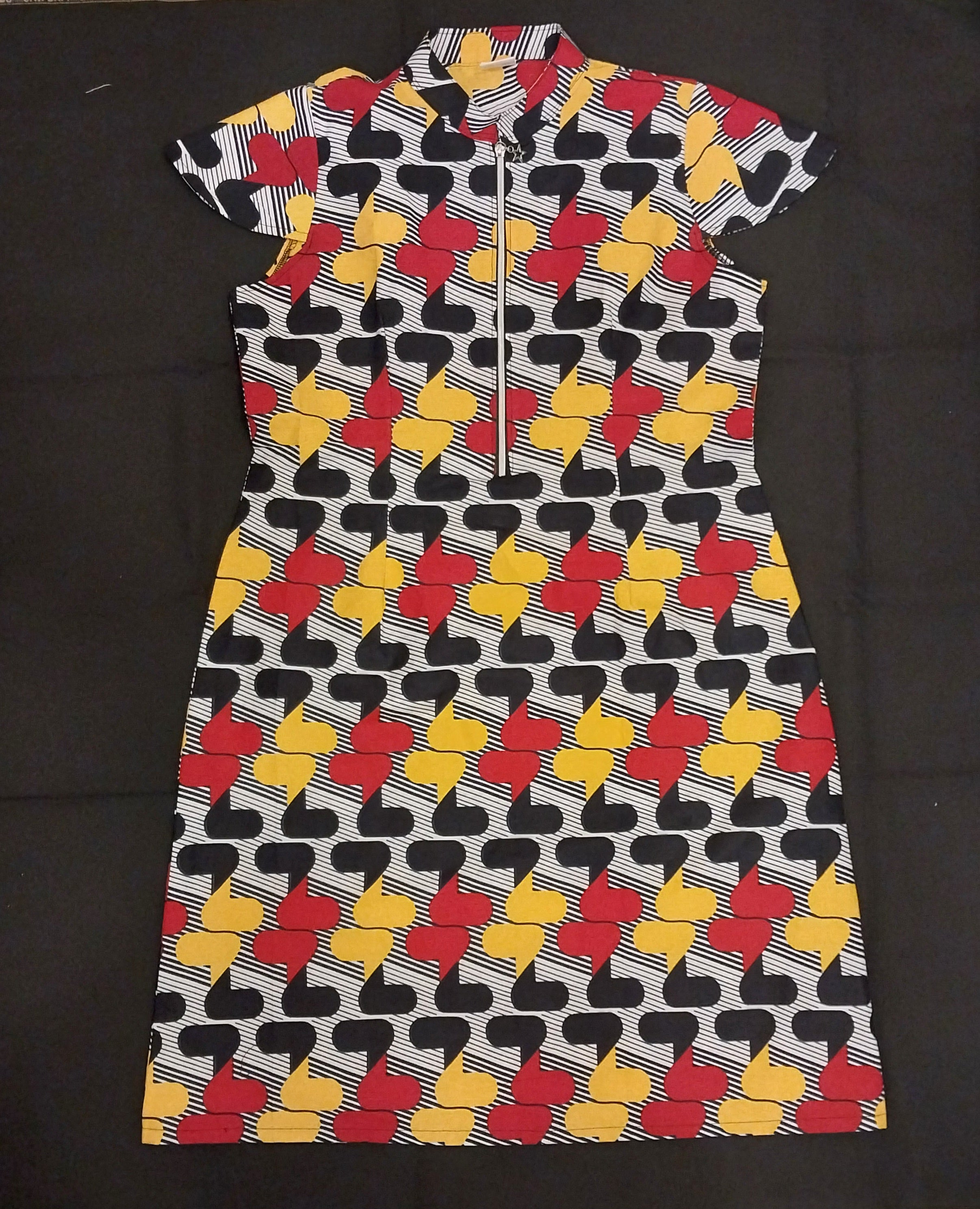 Red & Yellow Geometric Half-Zipped Cup-Sleeved Knee-Length Dresses – Effortless Style Meets Everyday Comfort