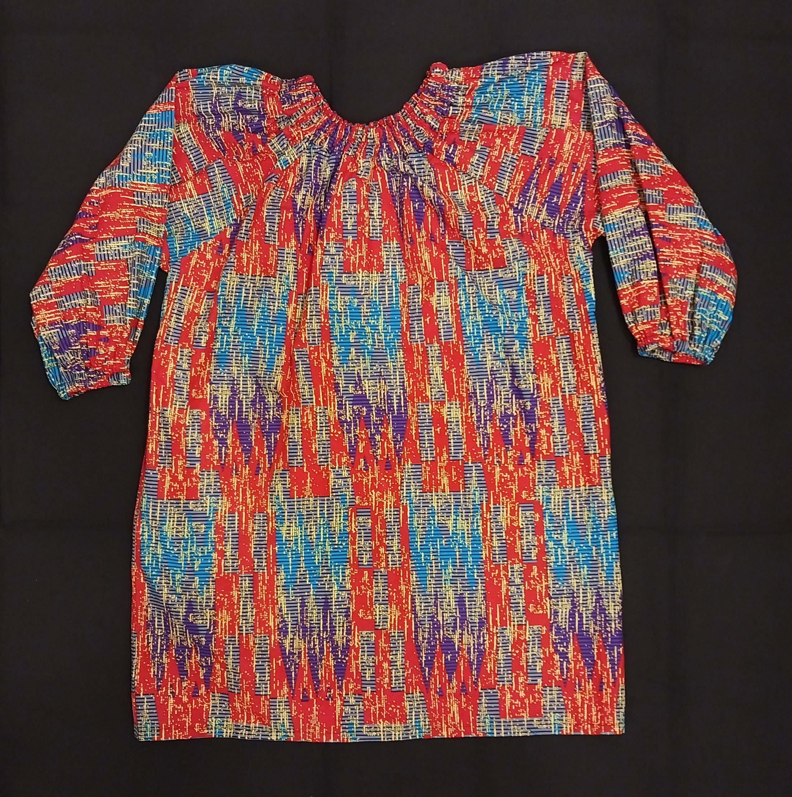Red Blue Abstract Kitenge Ruched Neck Top Dress- Women's African Print Three-Quarter Sleeve Dress