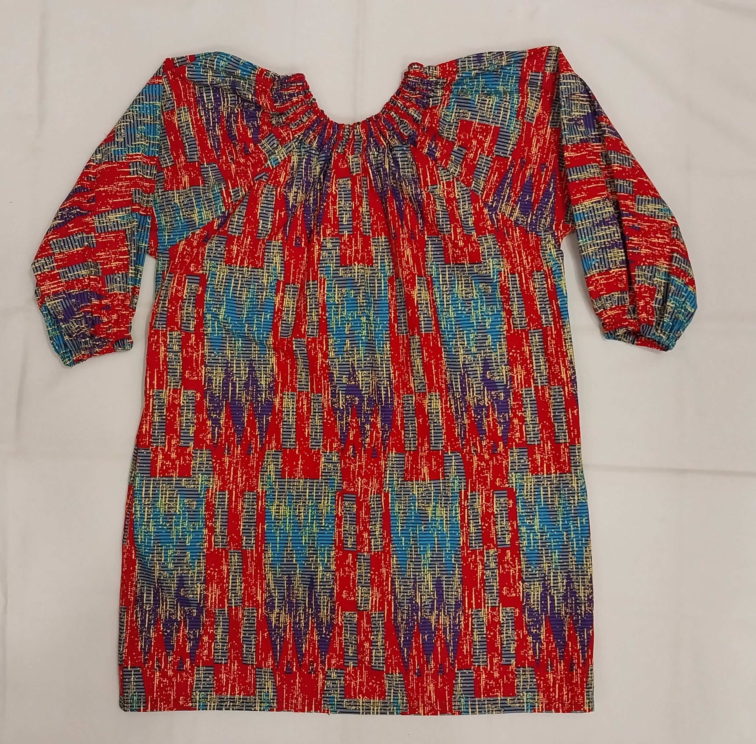Red Blue Abstract Kitenge Ruched Neck Top Dress- Women's African Print Three-Quarter Sleeve Dress