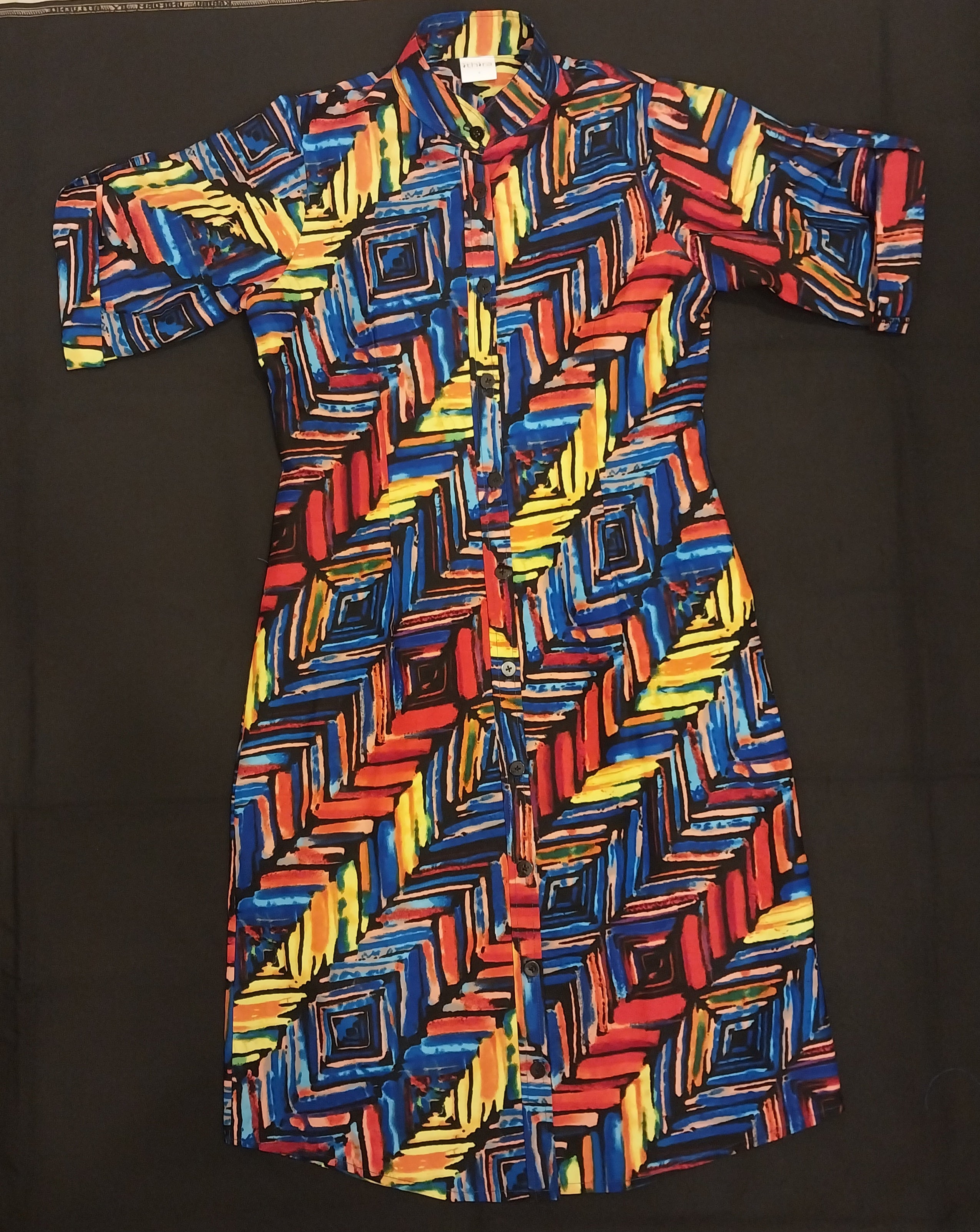 Blue & Red Geometric Kitenge Shirt Dress - Women's African Print Button-Down Dress