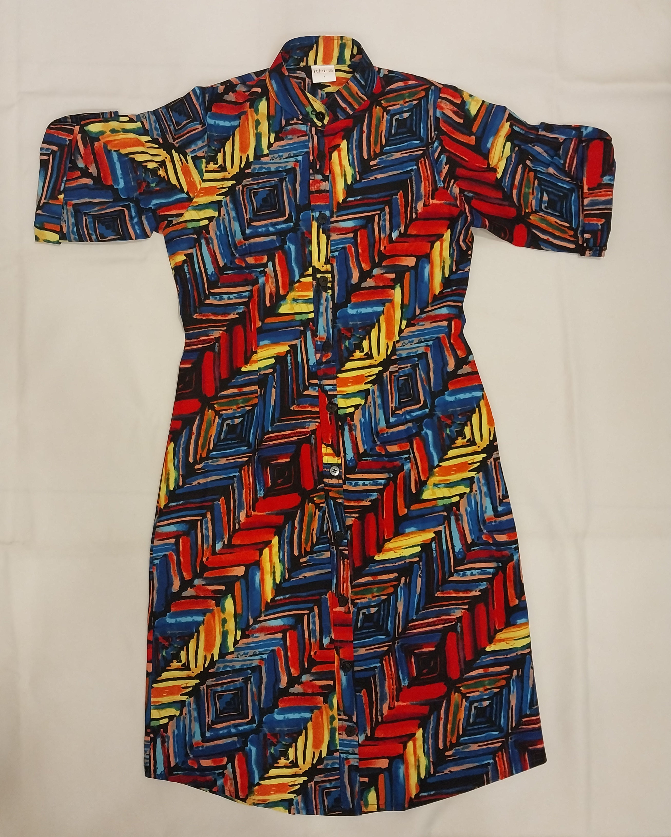 Ithira Kenya - Blue & Red Geometric Kitenge Shirt Dress - Women's African Print Button-Down Dress Ithira Kenya - Blue & Red Geometric Kitenge Shirt Dress - Women's African Print Button-Down Dress