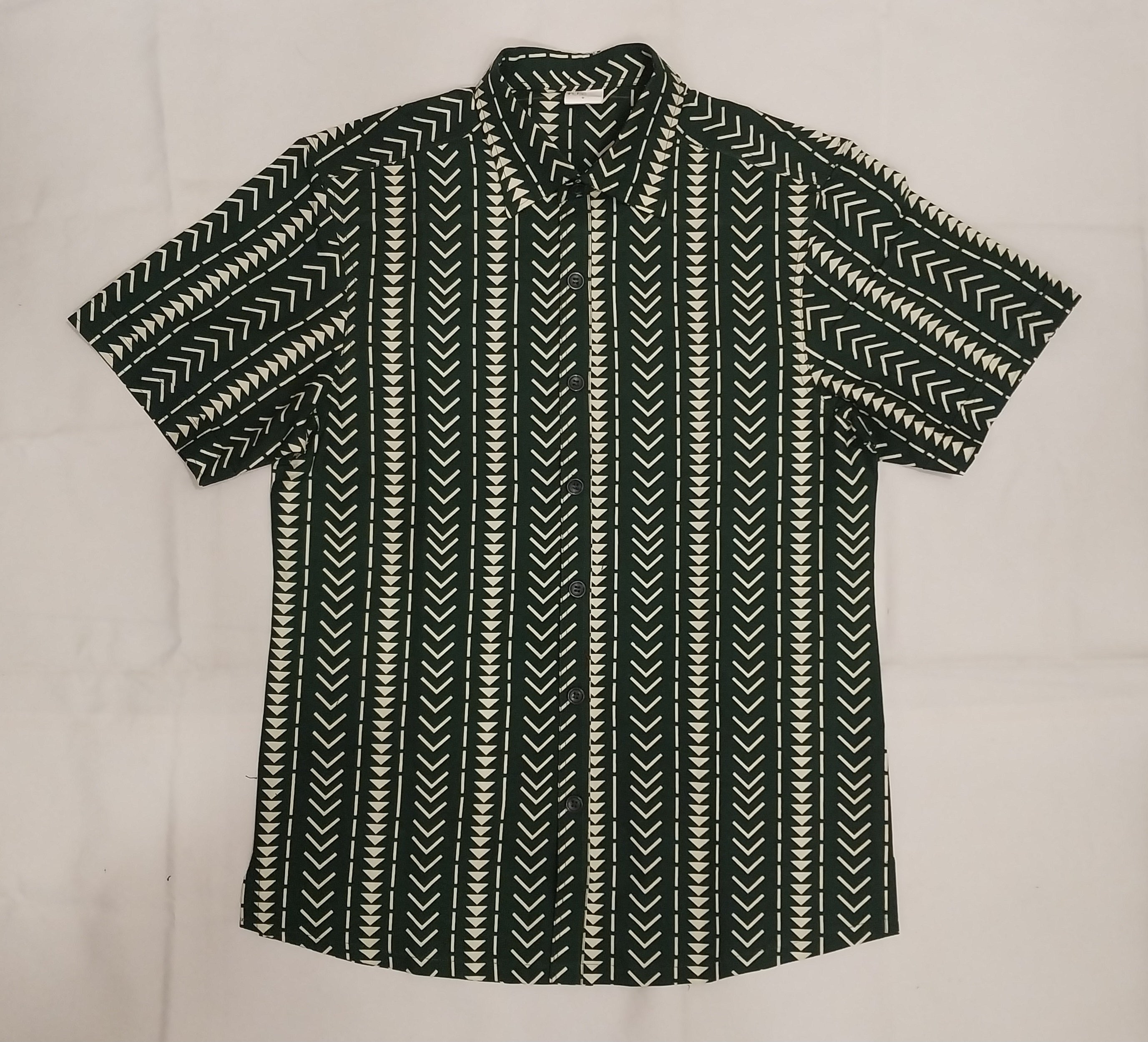 Green & White Bogolan Office Collar Short Sleeve Shirt - Men's African Print Button-Down