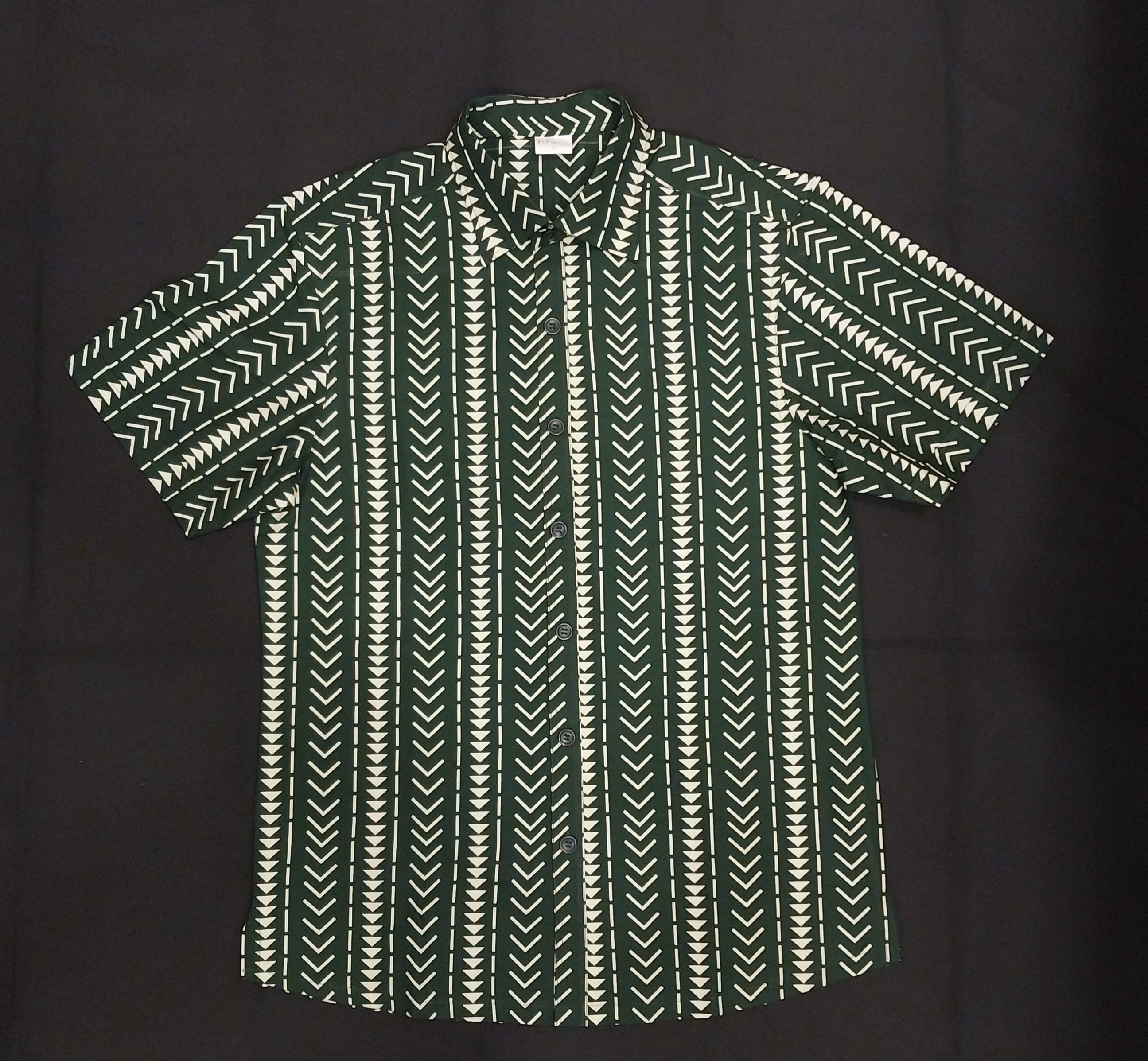 Green & White Bogolan Office Collar Short Sleeve Shirt - Men's African Print Button-Down
