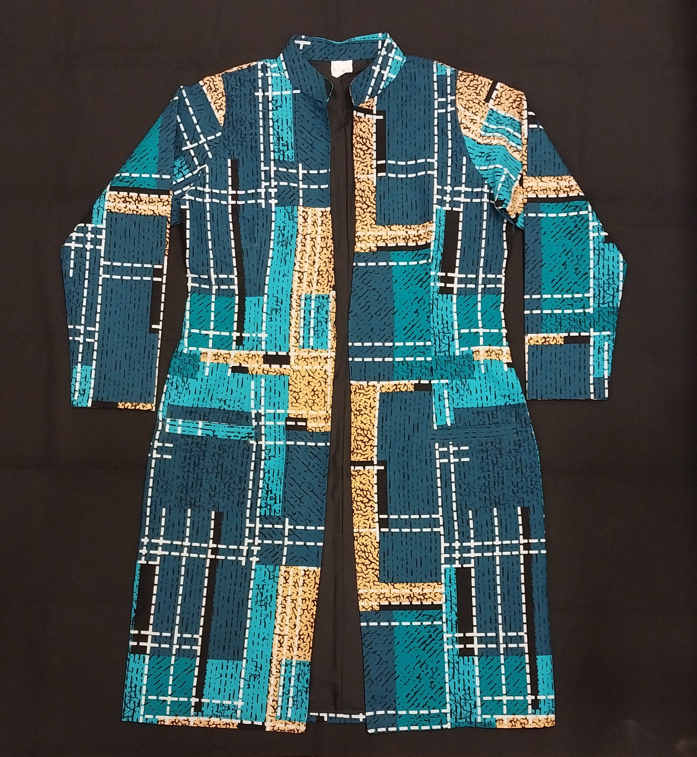 Teal Geometric Sleeved Kitenge Kimono - Knee-Length African Print Layering Piece