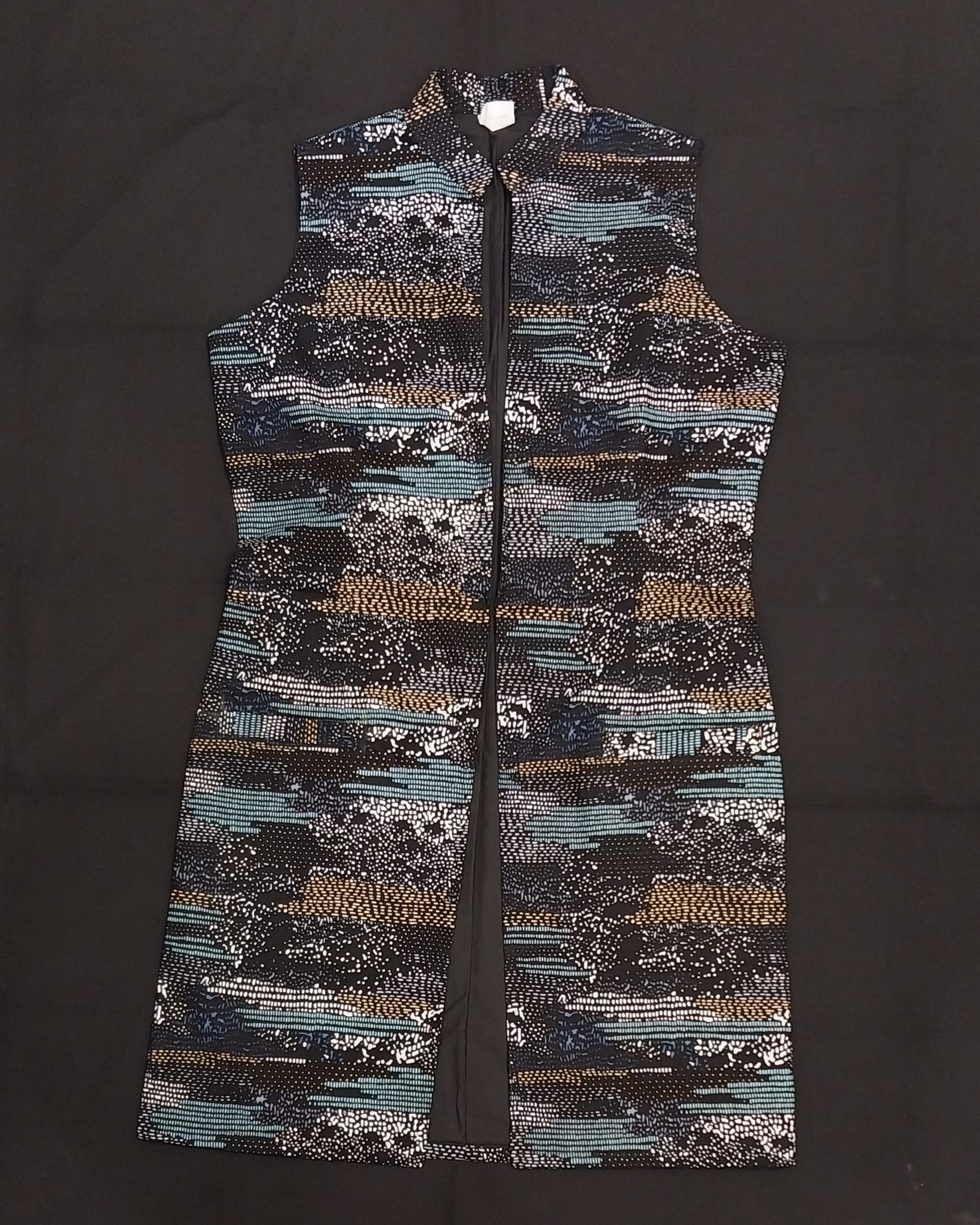 Turquoise Blue Geometric Sleeveless Kitenge Kimono - Knee-Length African Print Layering Piece