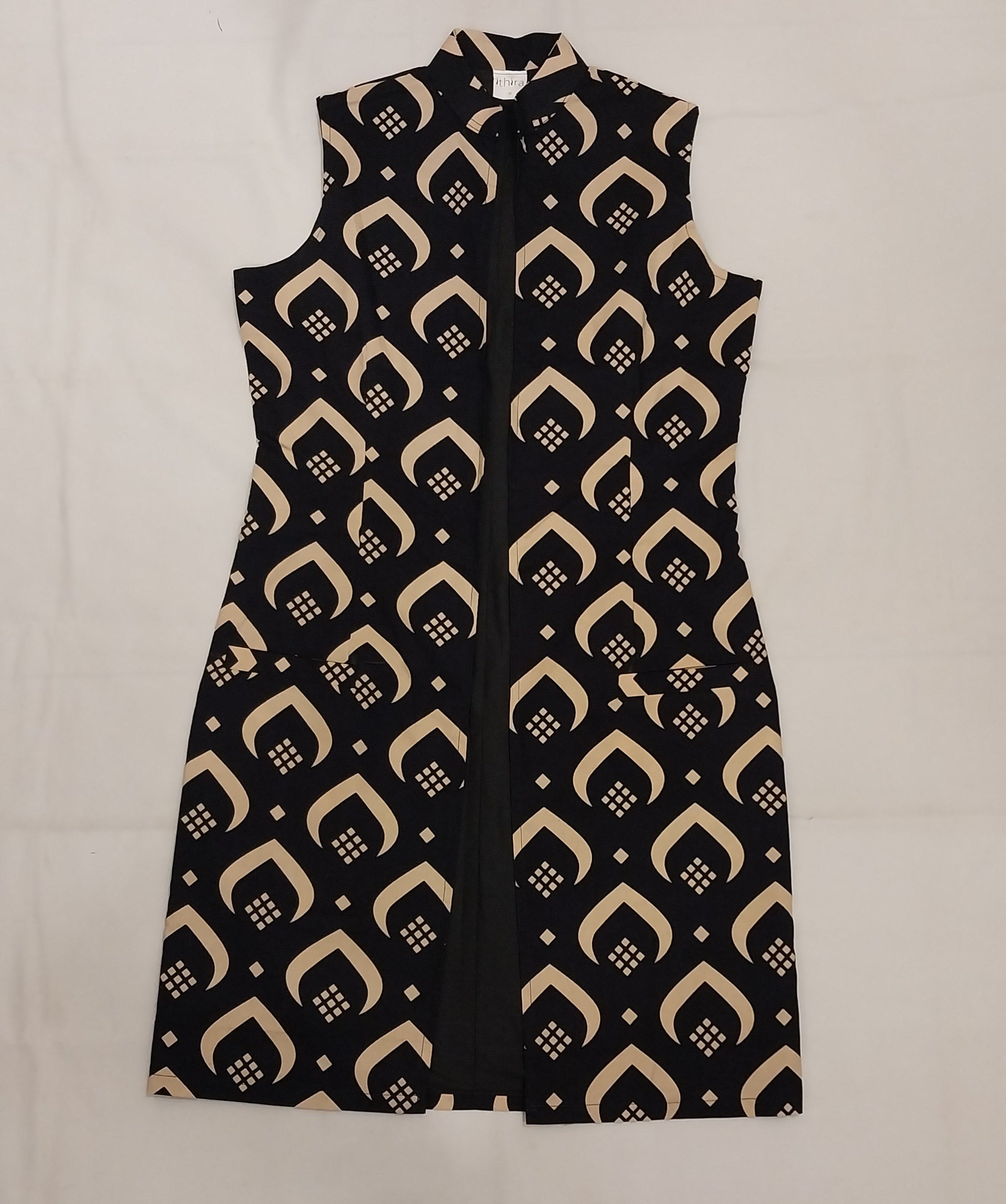 Navy Blue & Beige Sleeveless Kitenge Kimono - Knee-Length African Print Layering Piece