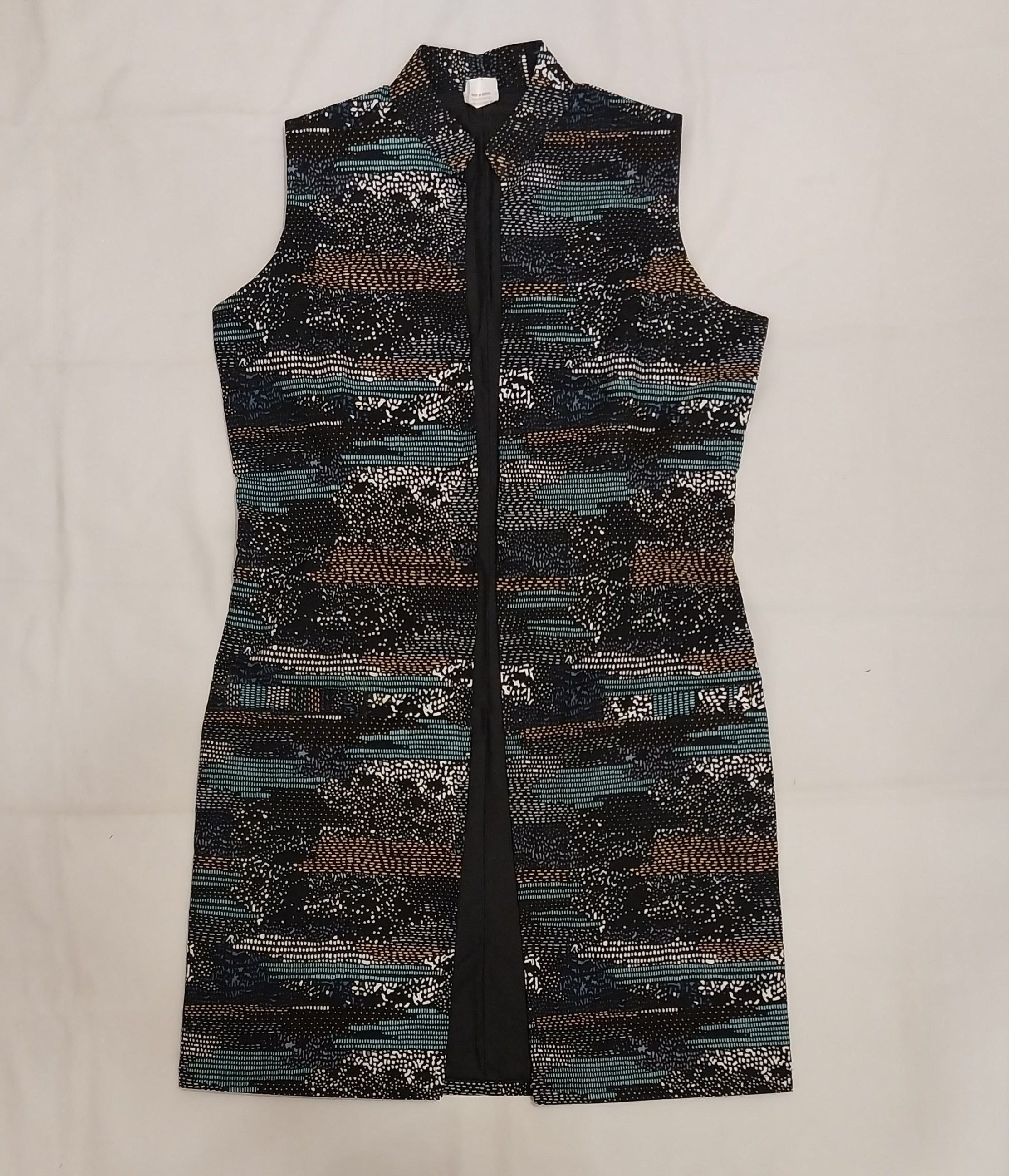 Turquoise Blue Geometric Sleeveless Kitenge Kimono - Knee-Length African Print Layering Piece