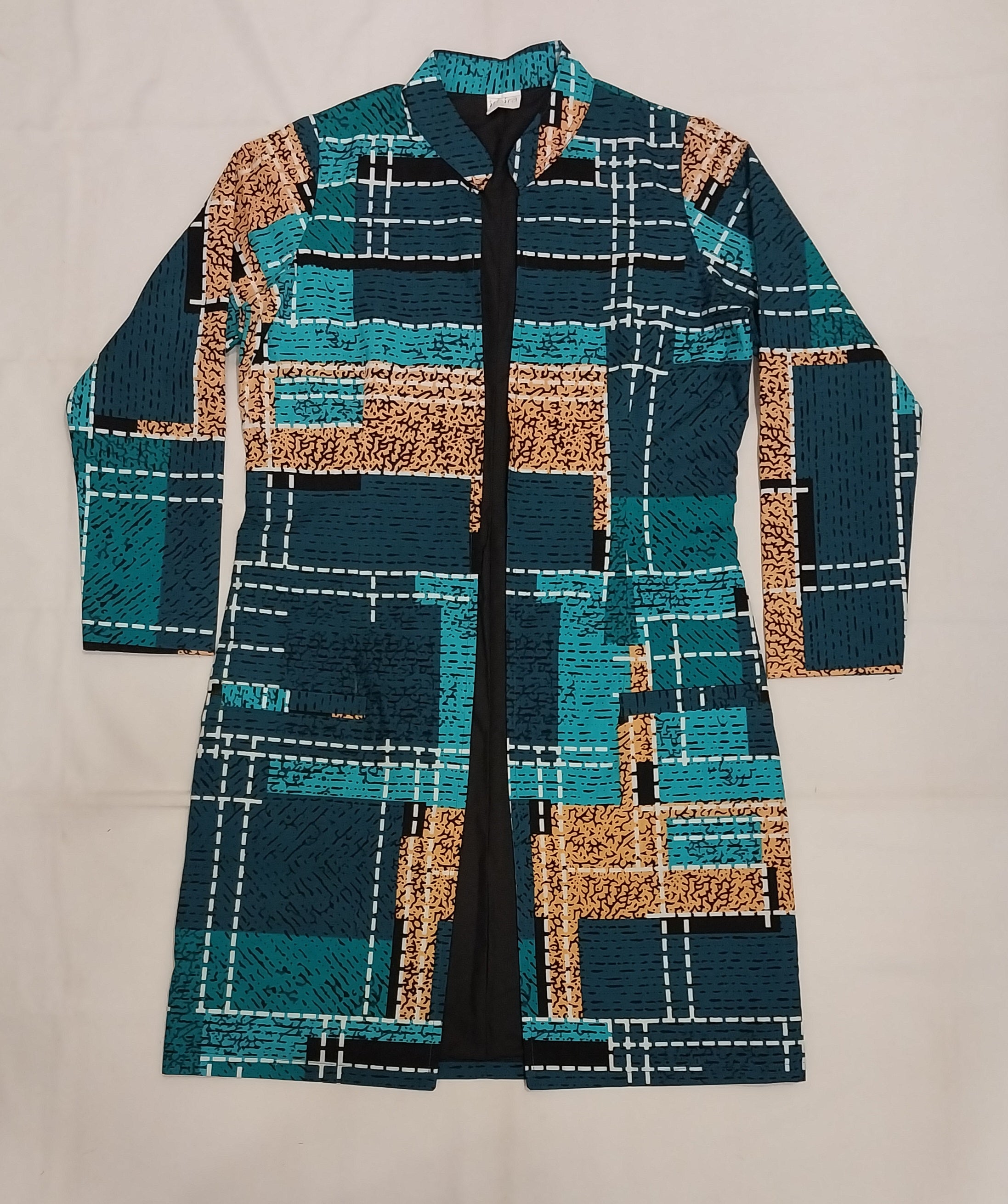 Teal Geometric Sleeved Kitenge Kimono - Knee-Length African Print Layering Piece