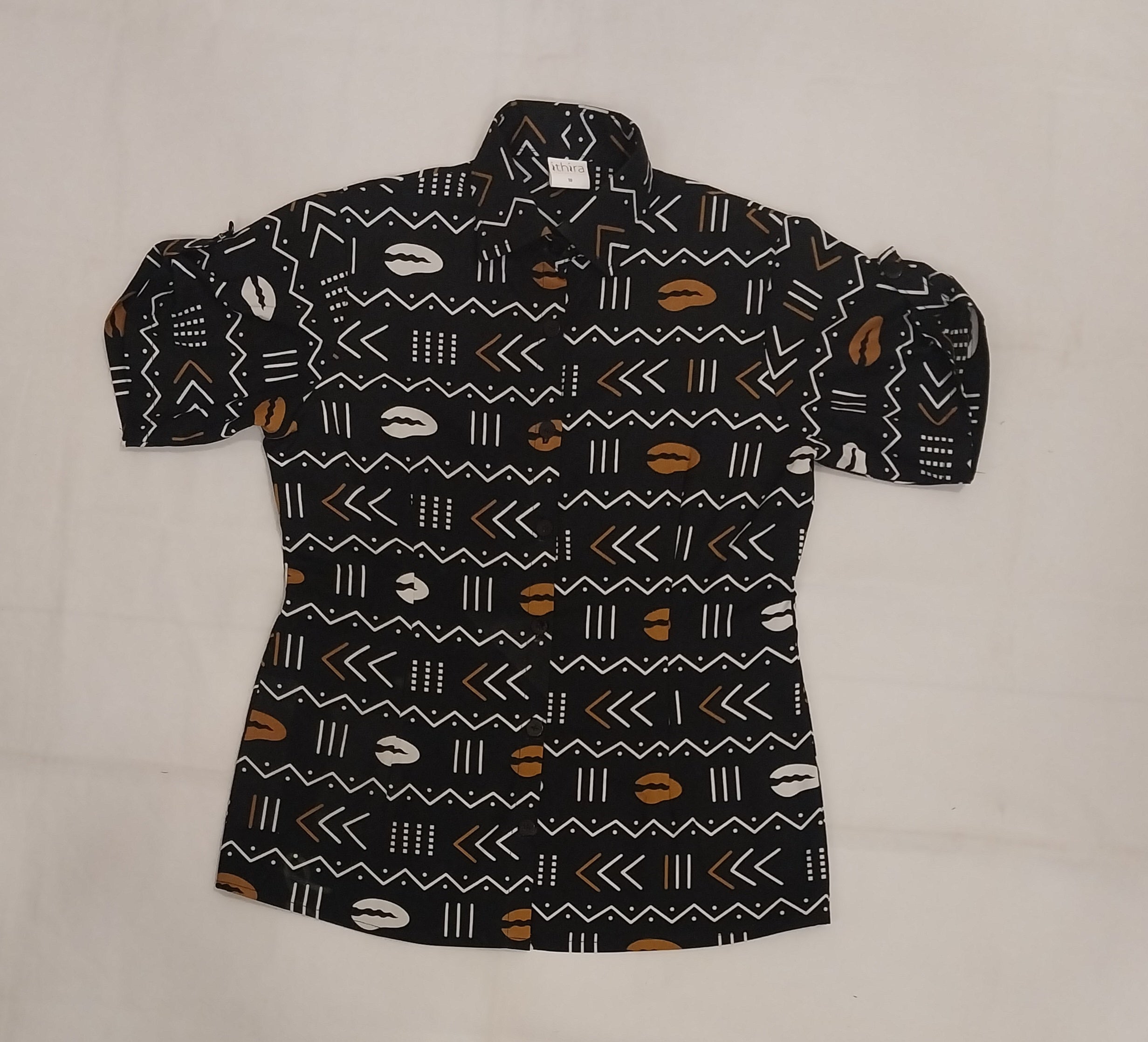 Black Women's Kitenge Top - Short Sleeve Button-Detail