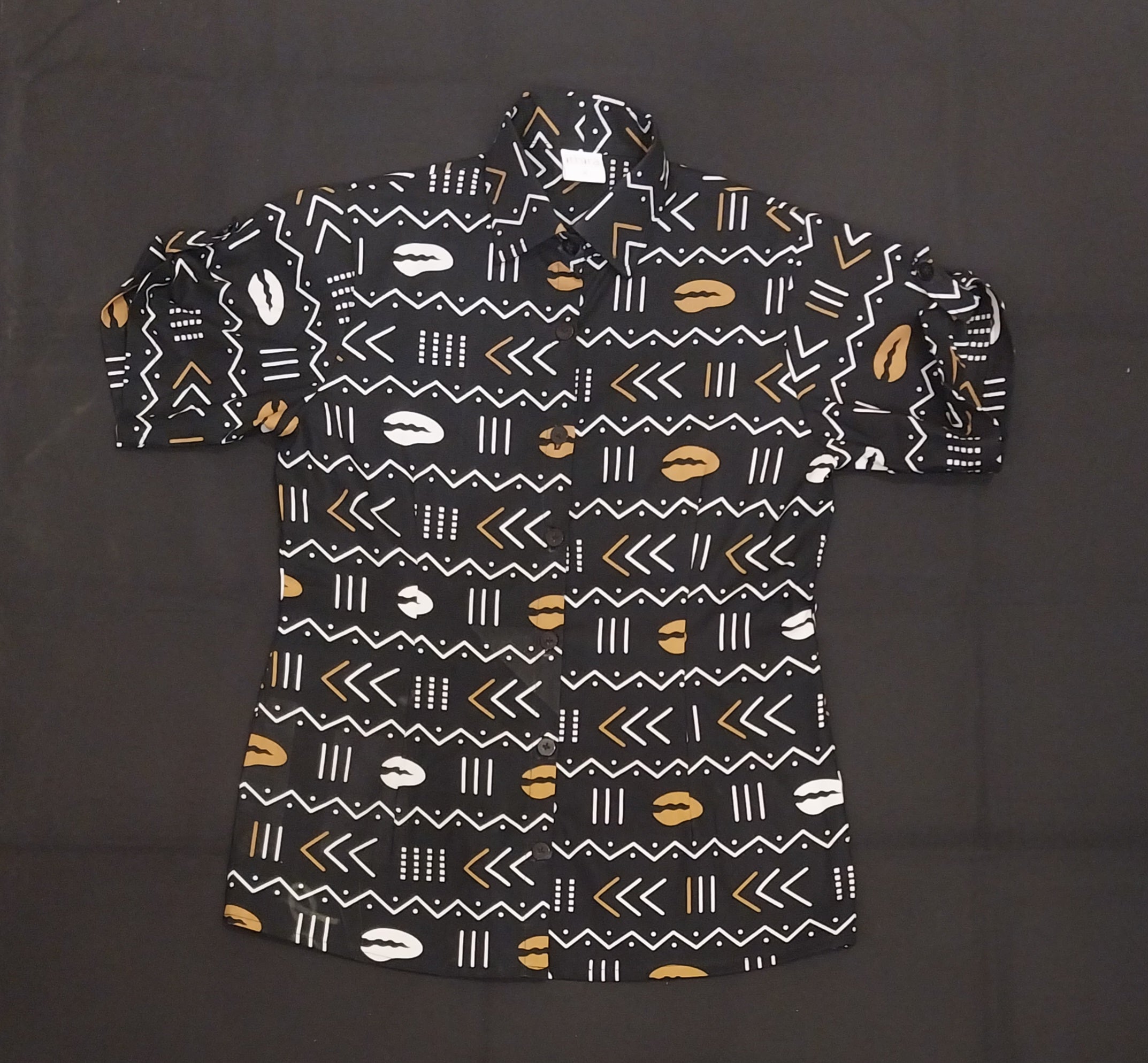 Black Women's Kitenge Top - Short Sleeve Button-Detail