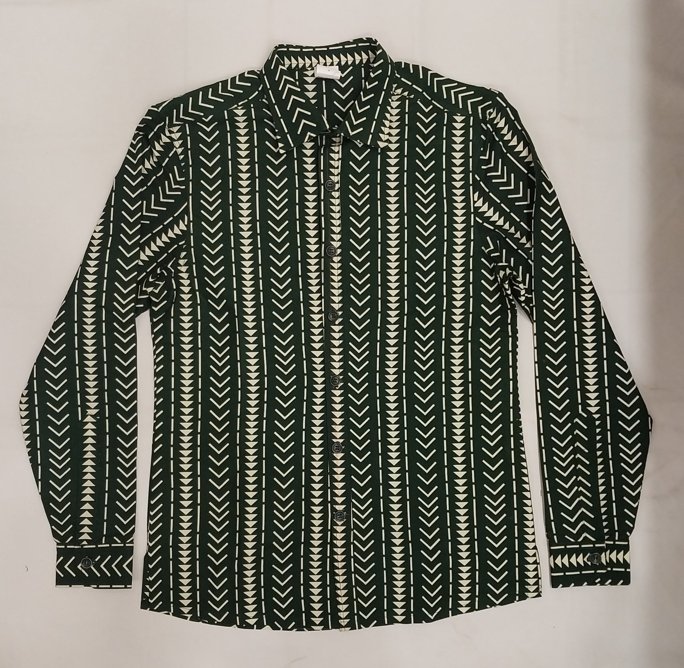 Green & White Bogolan Office Collar Long Sleeve Shirt - Men's African Print Button-Down