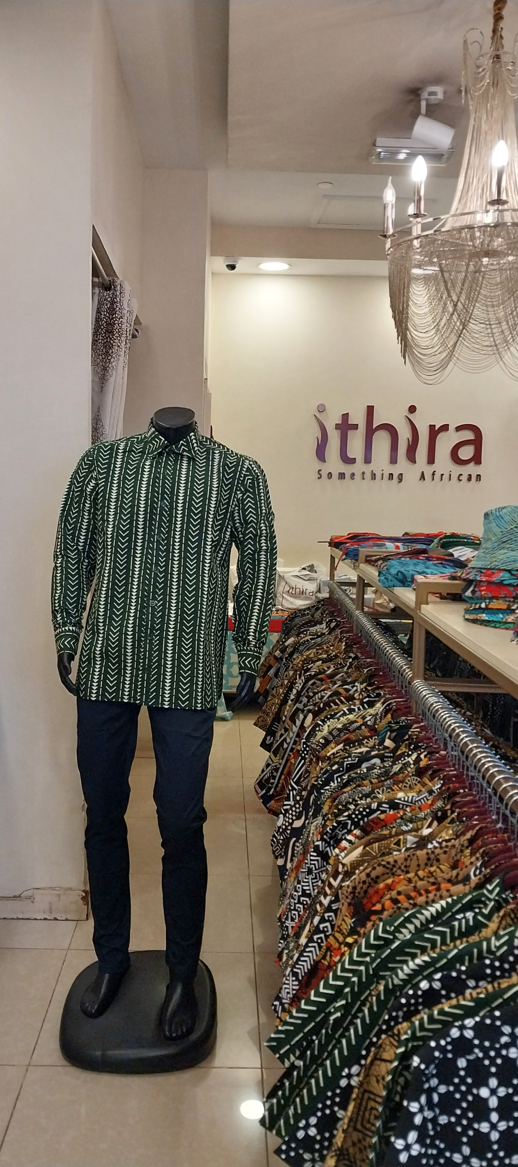 Green & White Bogolan Office Collar Long Sleeve Shirt - Men's African Print Button-Down