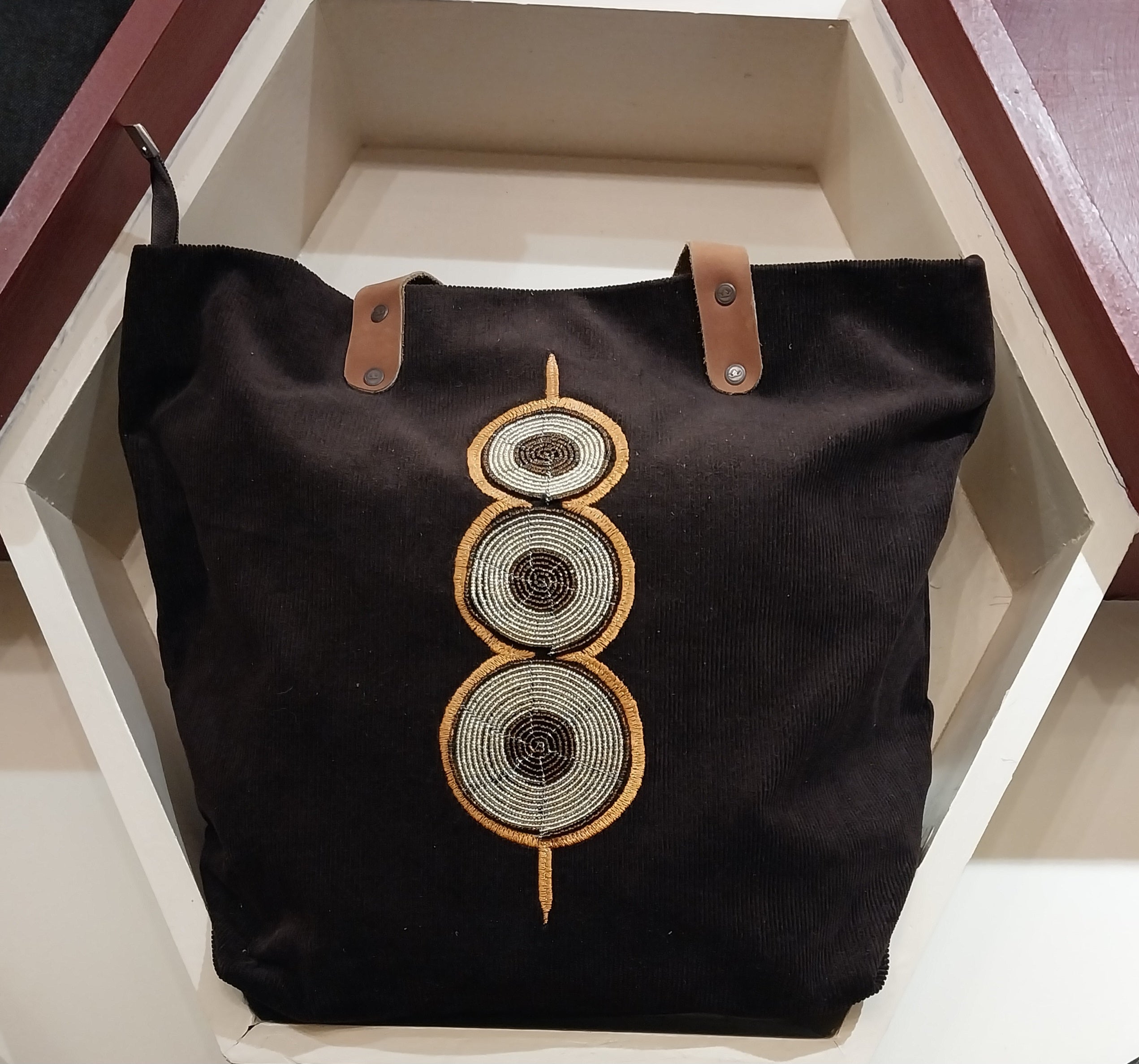 Beaded Corduroy Tote Bag - Brown Textured Canvas with Leather Handles