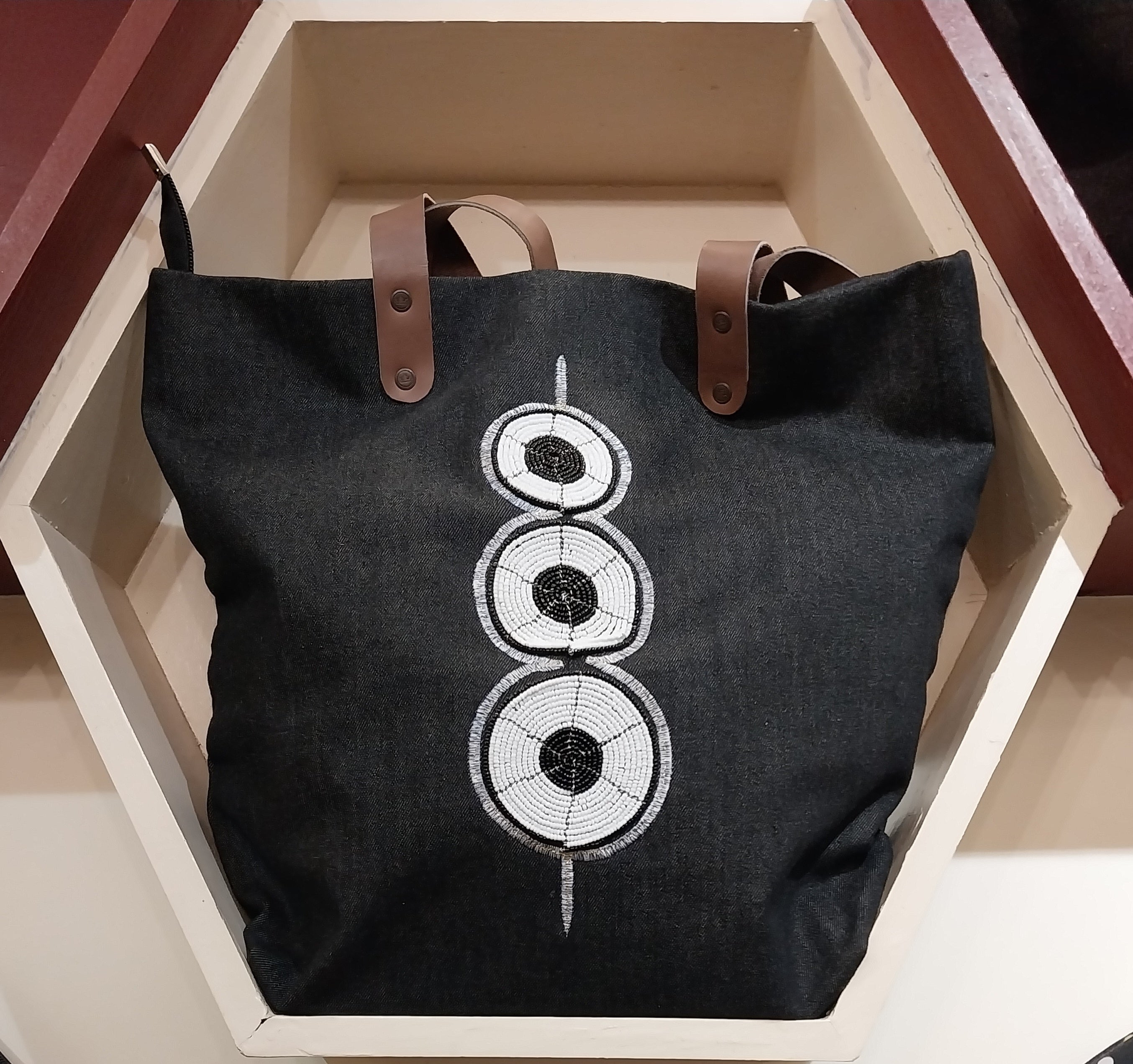 Black Beaded Tote Bag - Handcrafted African Design Denim Tote