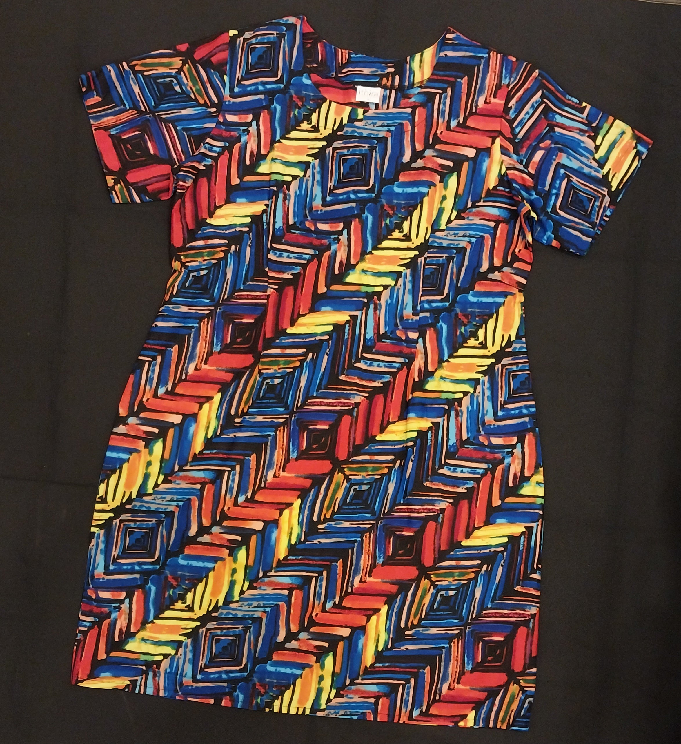 Blue & Red Geometric Sleeved Knee-Length Dresses – Effortless Style Meets Everyday Comfort