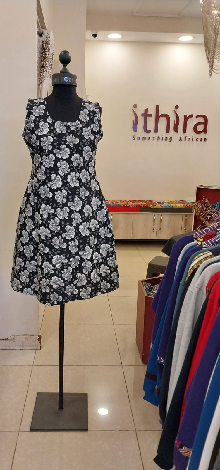 Black & White Floral Kitenge Sleeveless Knee-Length Dress - African Print A-Line Dress