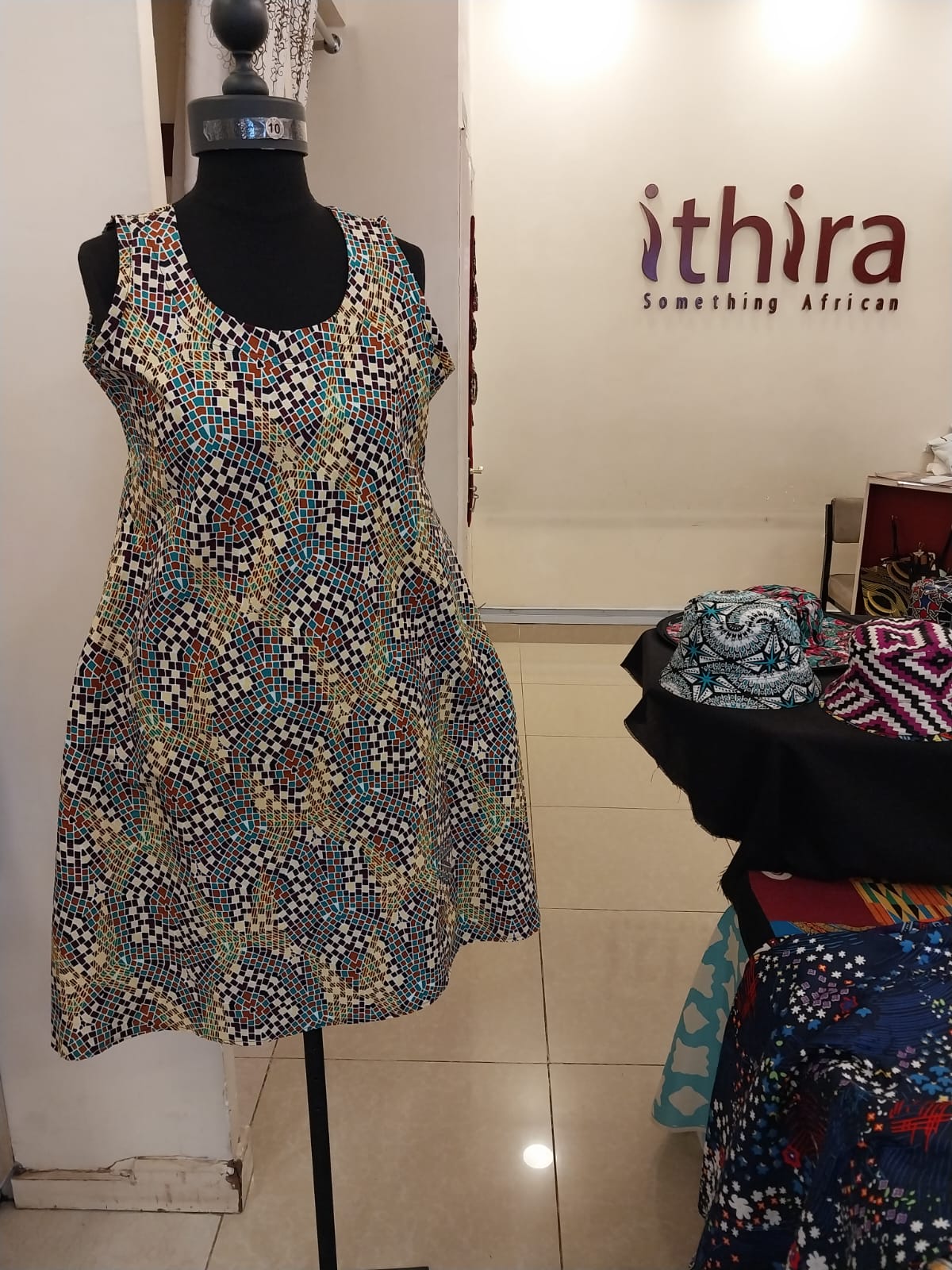 Beige & Teal Kitenge Sleeveless Knee-Length Dress - African Print A-Line Dress