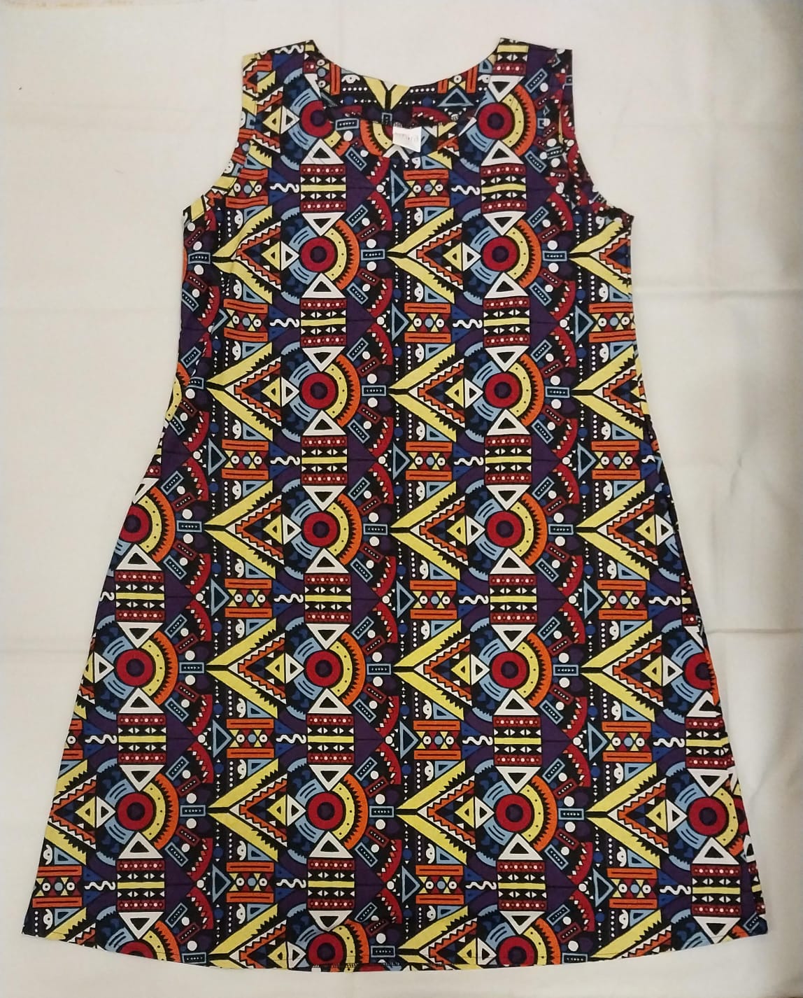 Multicoloured Geometric Kitenge Sleeveless Knee-Length Dress - African Print A-Line Dress